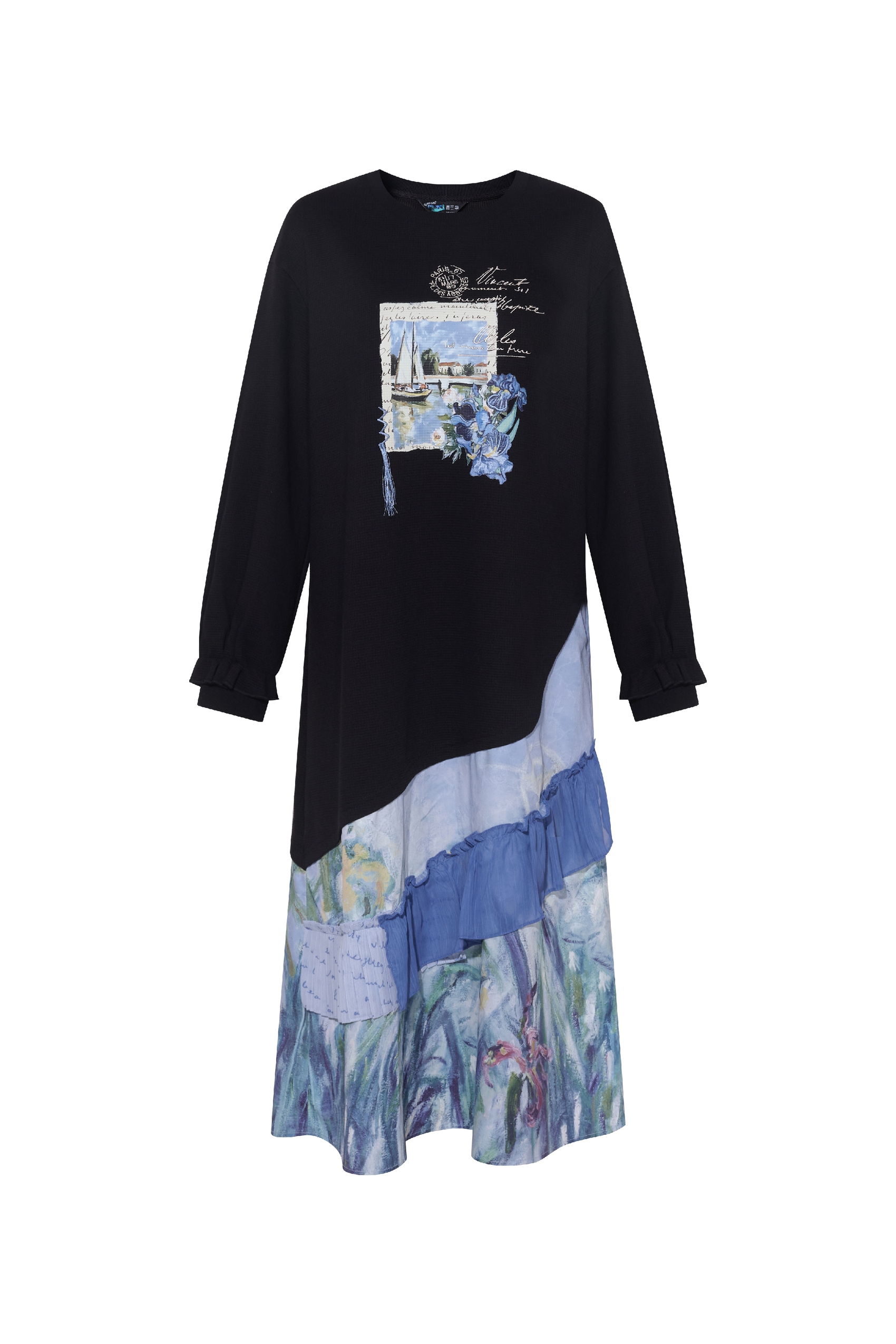 Printed Ruffle Patchwork Sweatshirt Dress-LYONSENS