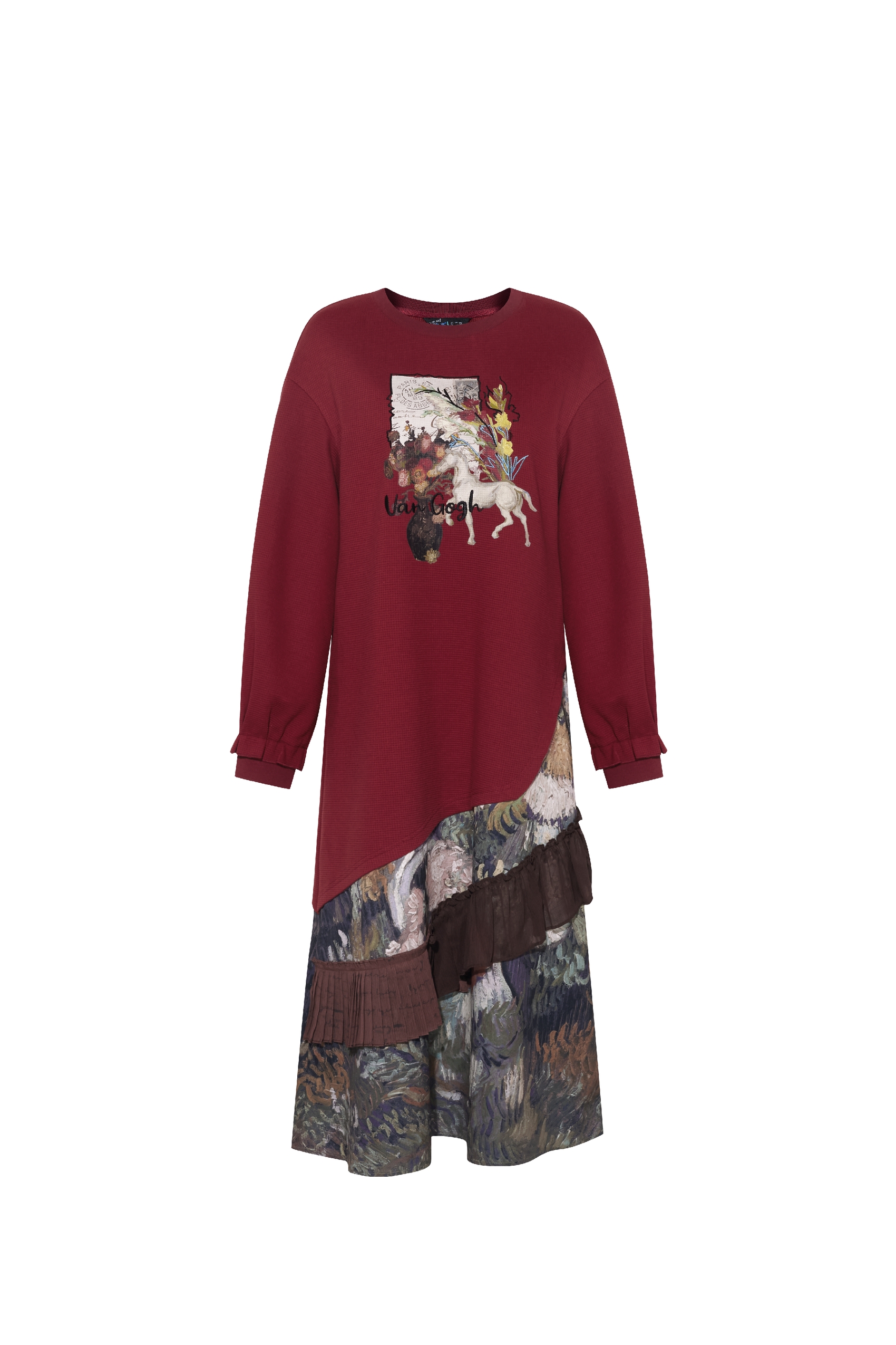 Printed Ruffle Patchwork Sweatshirt Dress-LYONSENS