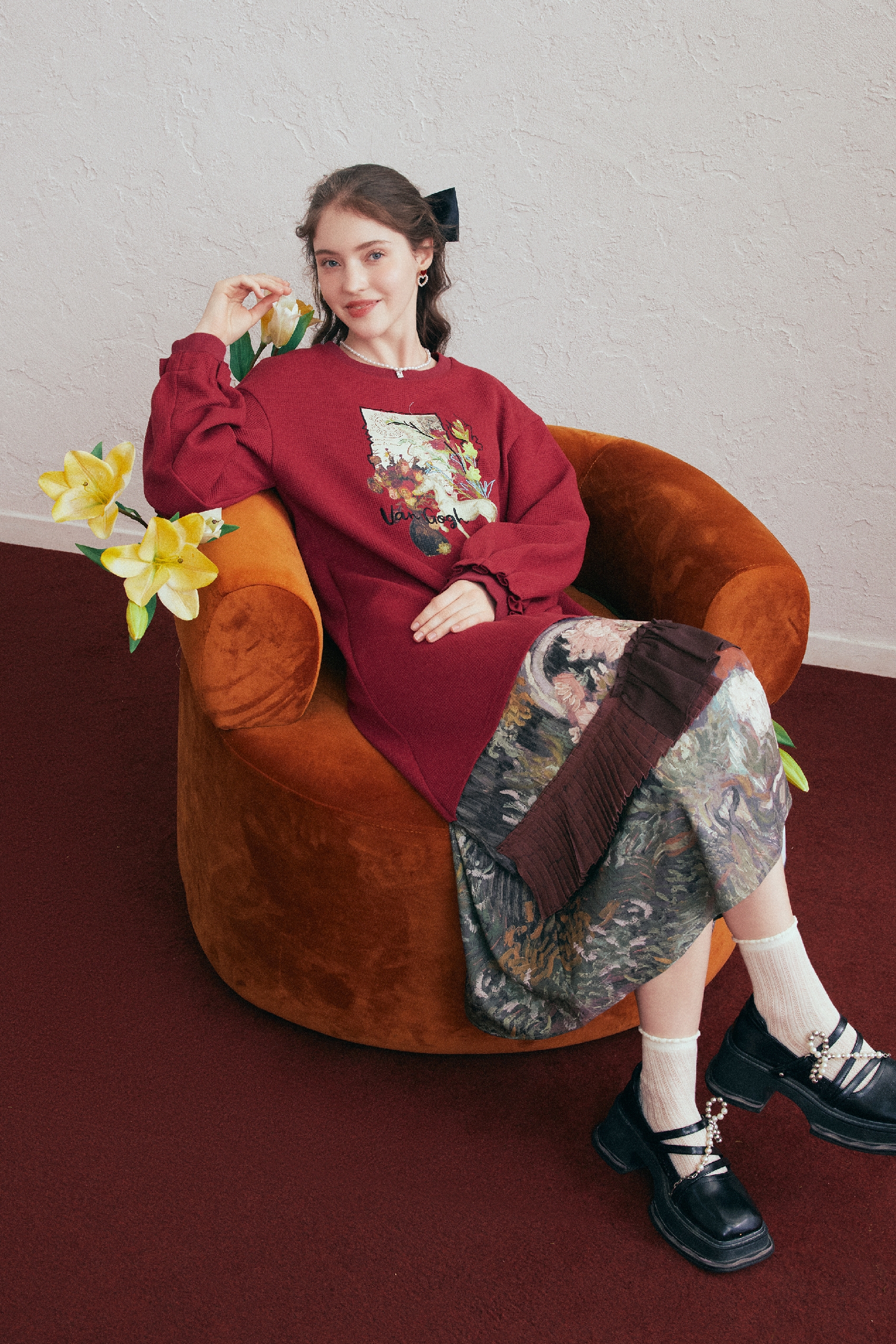 Printed Ruffle Patchwork Sweatshirt Dress-LYONSENS