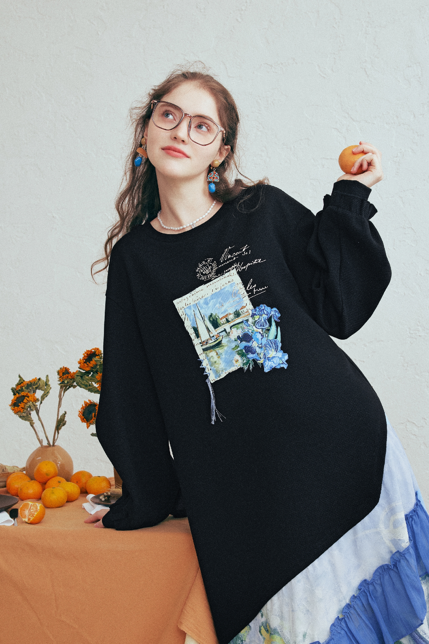 Printed Ruffle Patchwork Sweatshirt Dress-LYONSENS