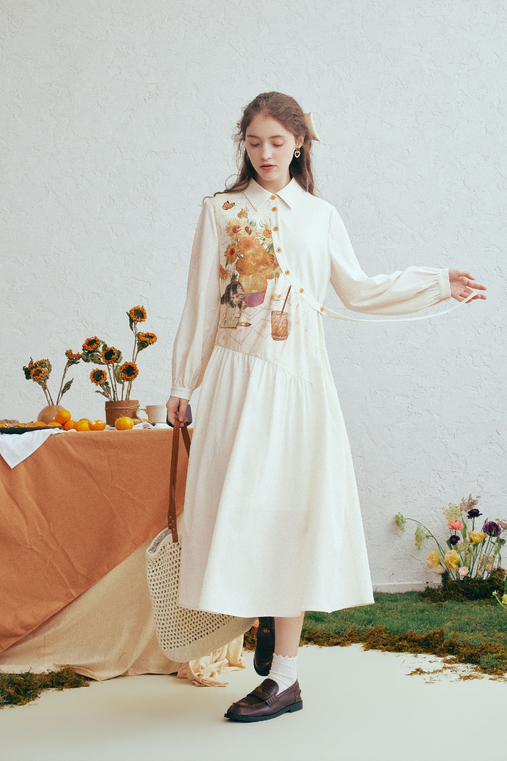 Printed Asymmetric Button Tie-Detail Dress