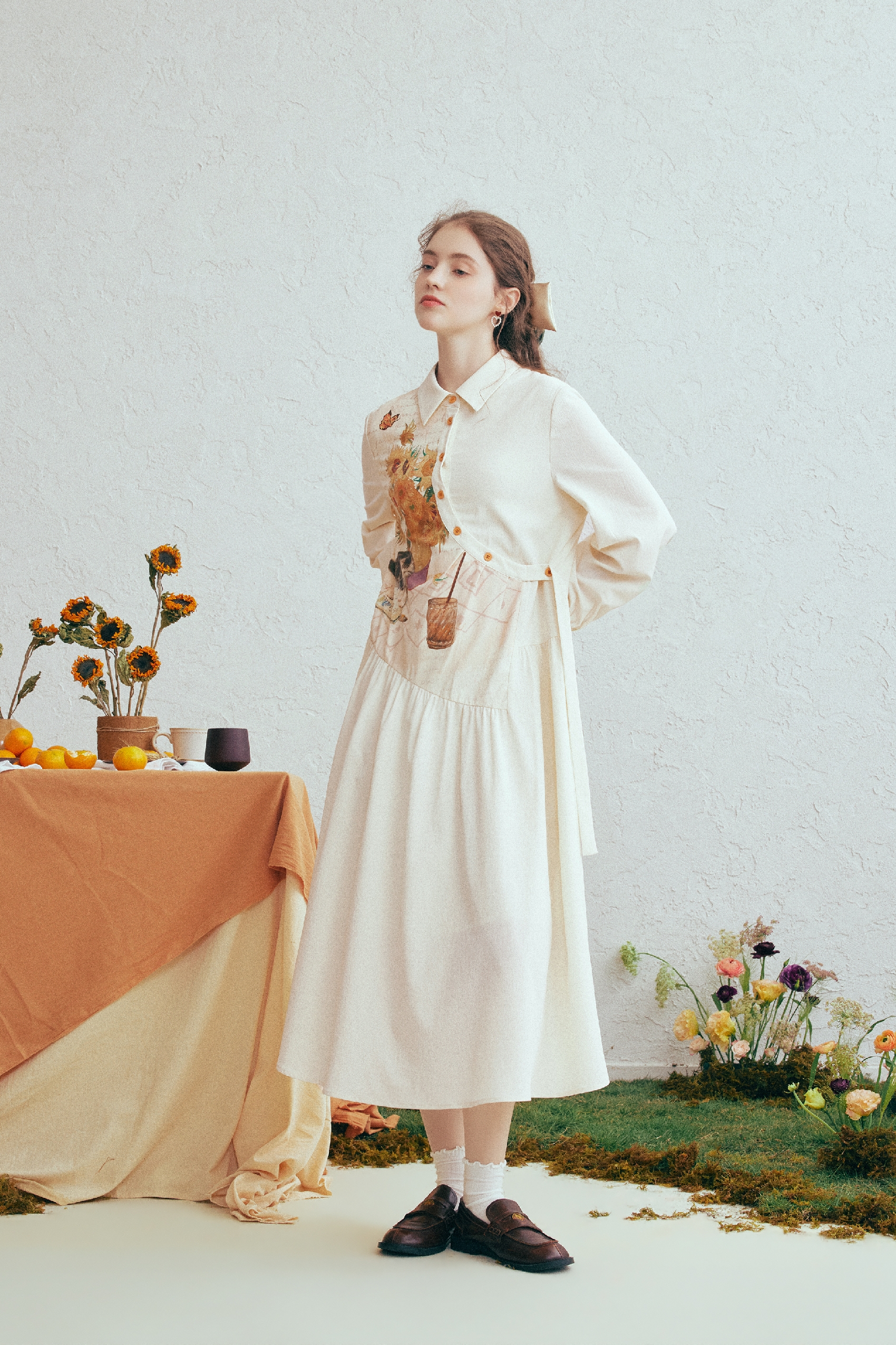 Printed Asymmetric Button Tie-Detail Dress