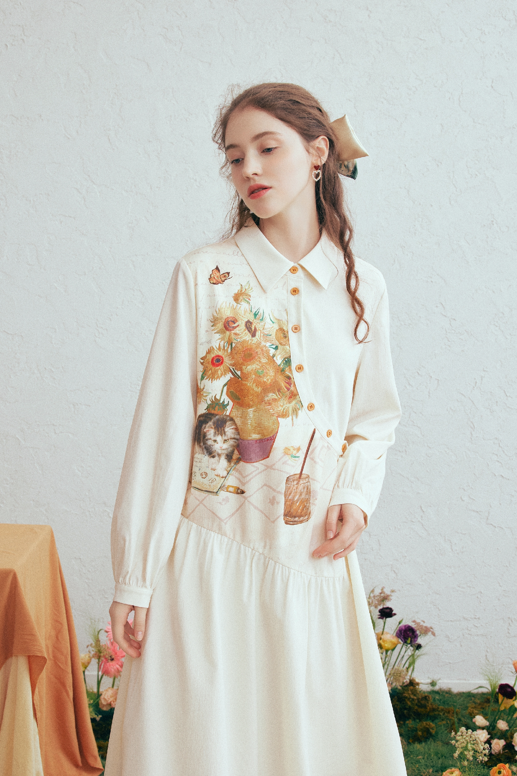 Printed Asymmetric Button Tie-Detail Dress