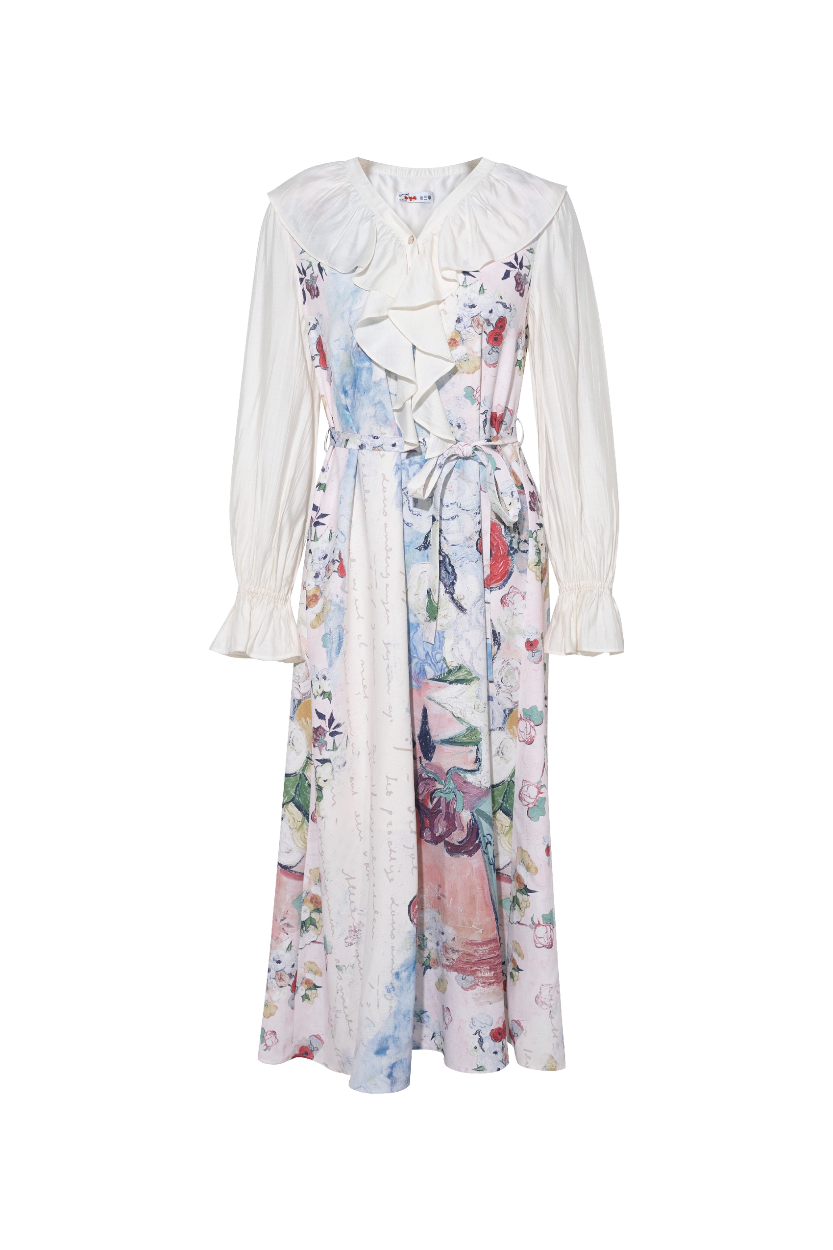 Ruffle V-Neck Printed Tie-Detail Dress-LYONSENS