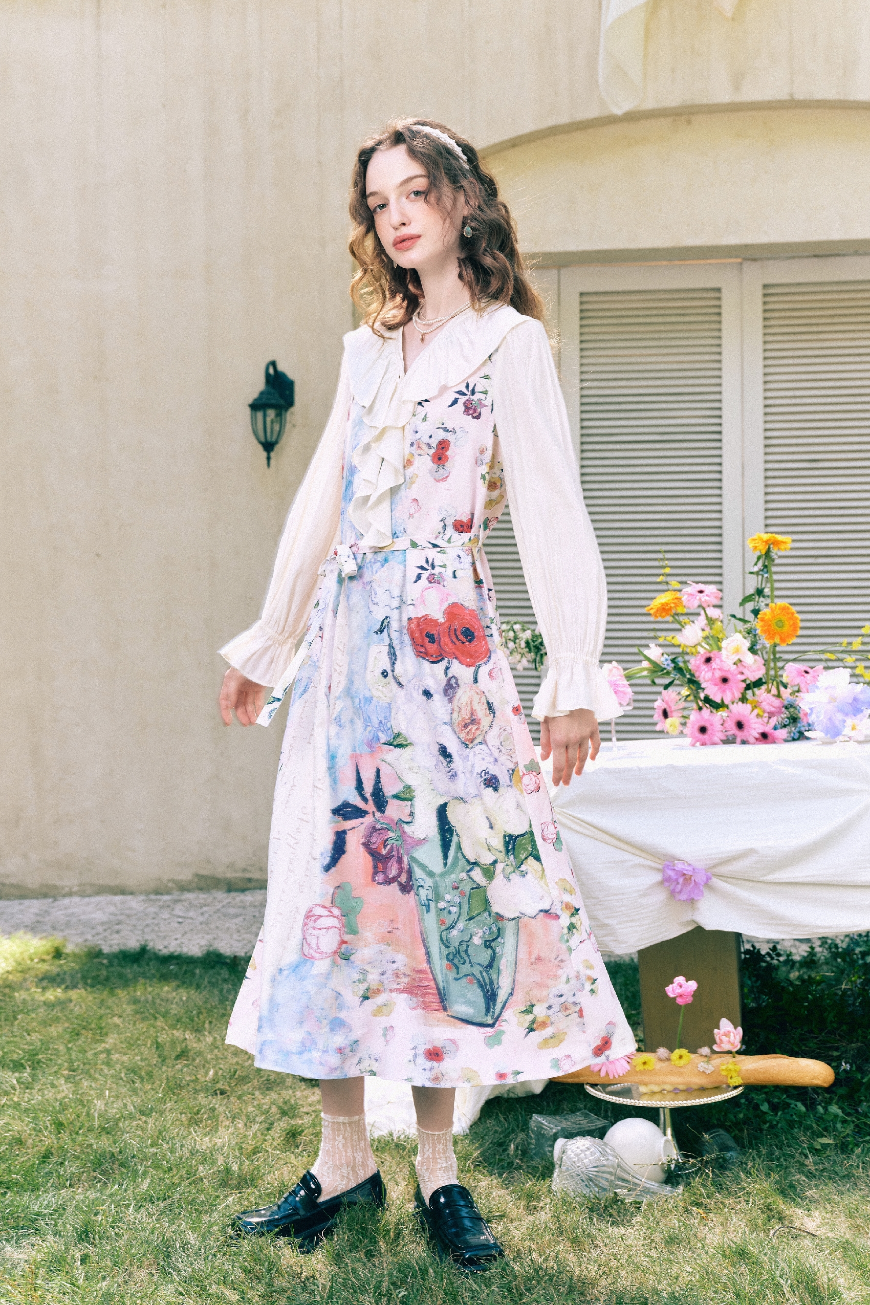 Ruffle V-Neck Printed Tie-Detail Dress