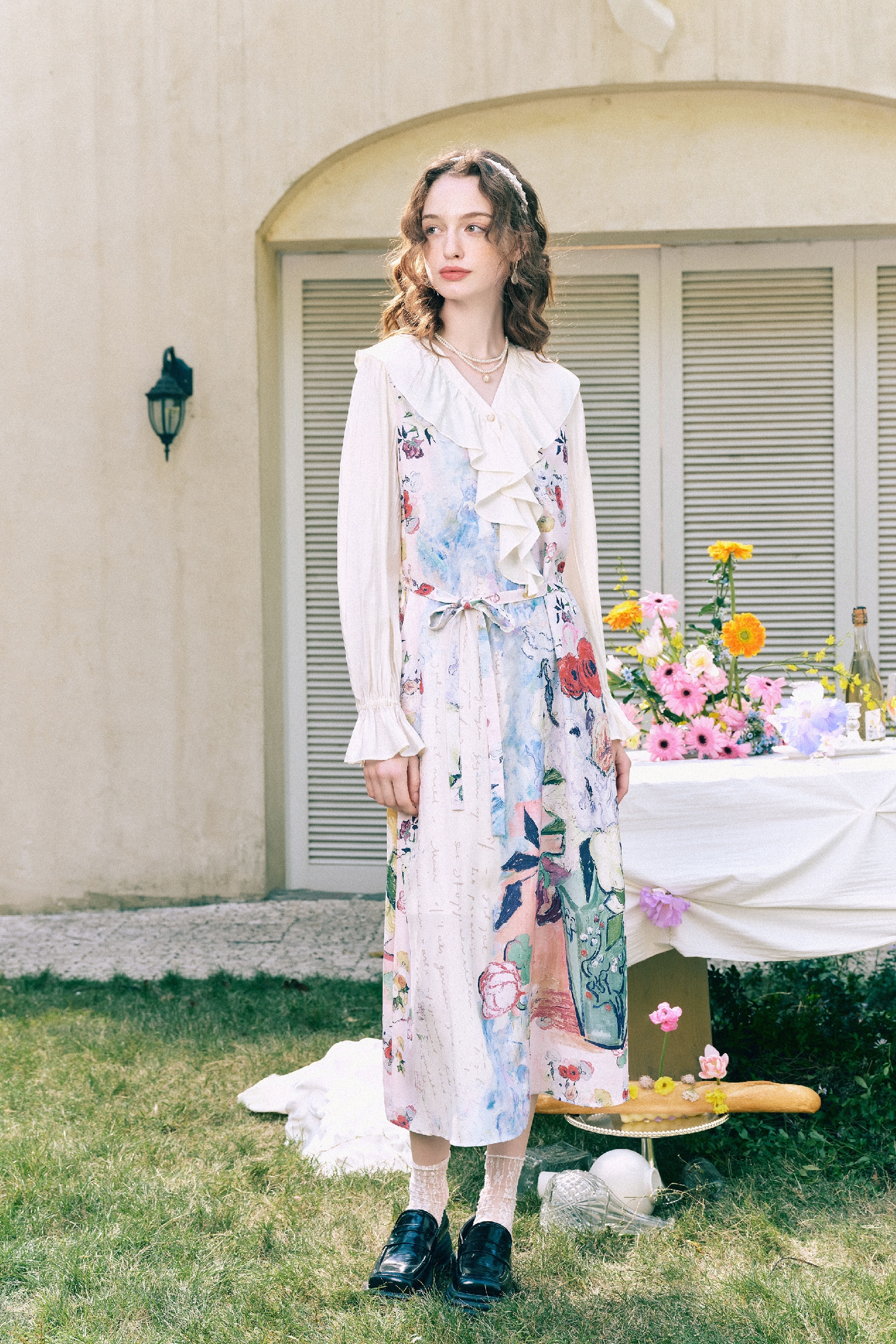 Ruffle V-Neck Printed Tie-Detail Dress-LYONSENS