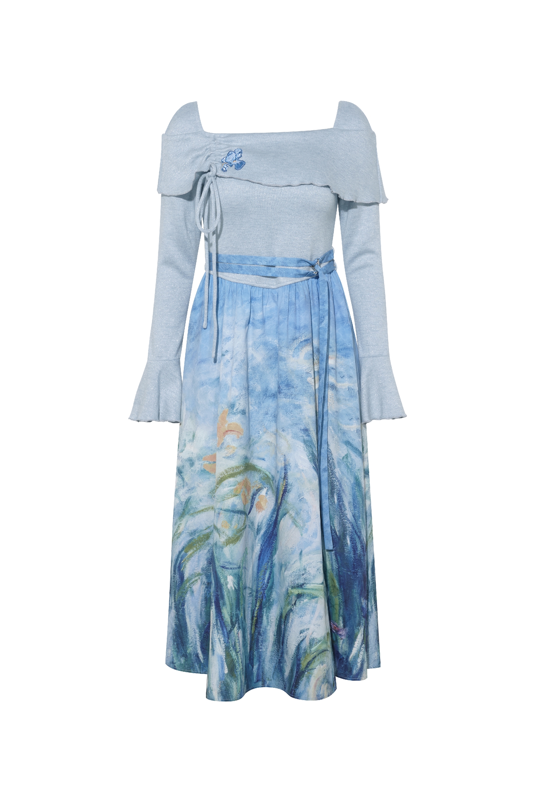 Patchwork Knit Drawstring Square-Neck Dress