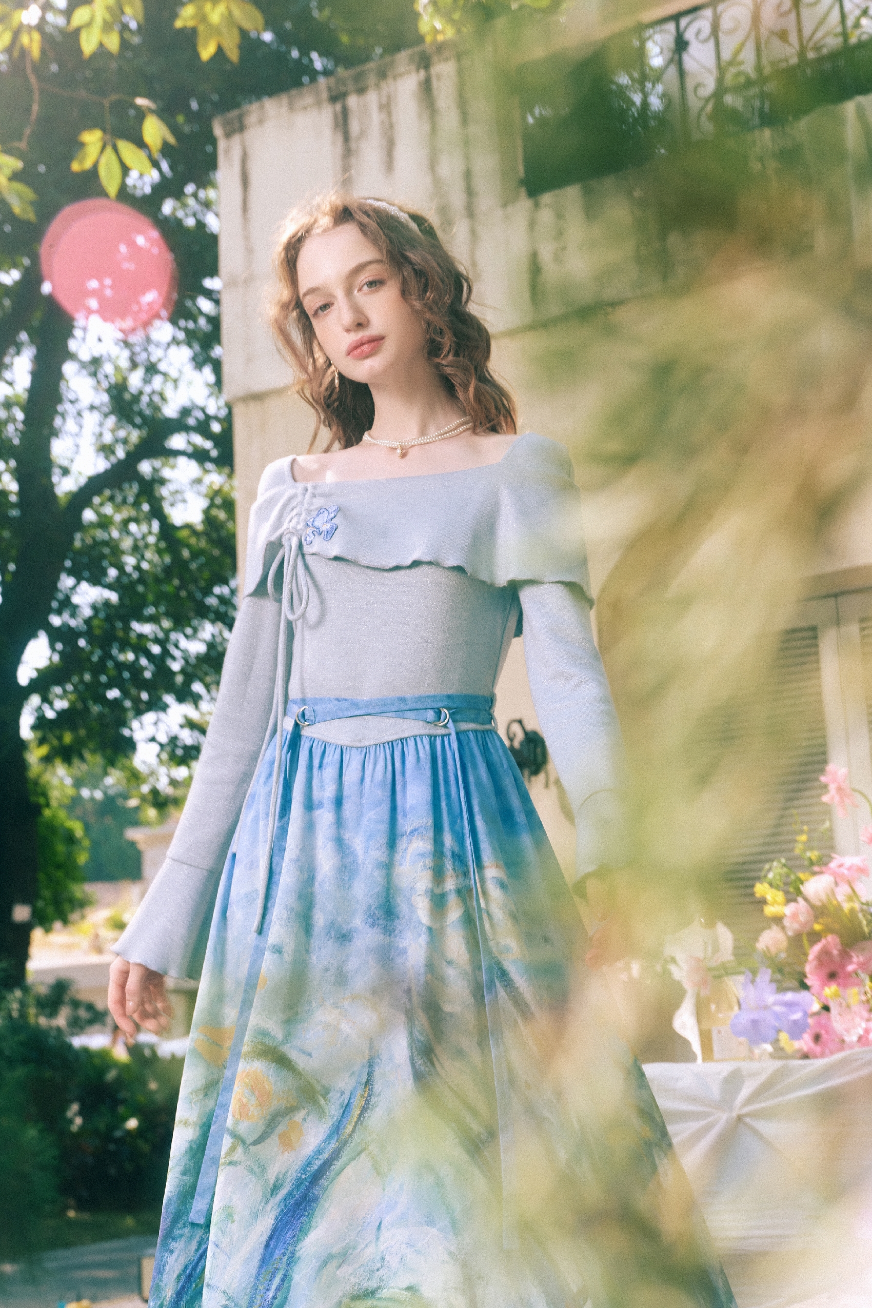Patchwork Knit Drawstring Square-Neck Dress