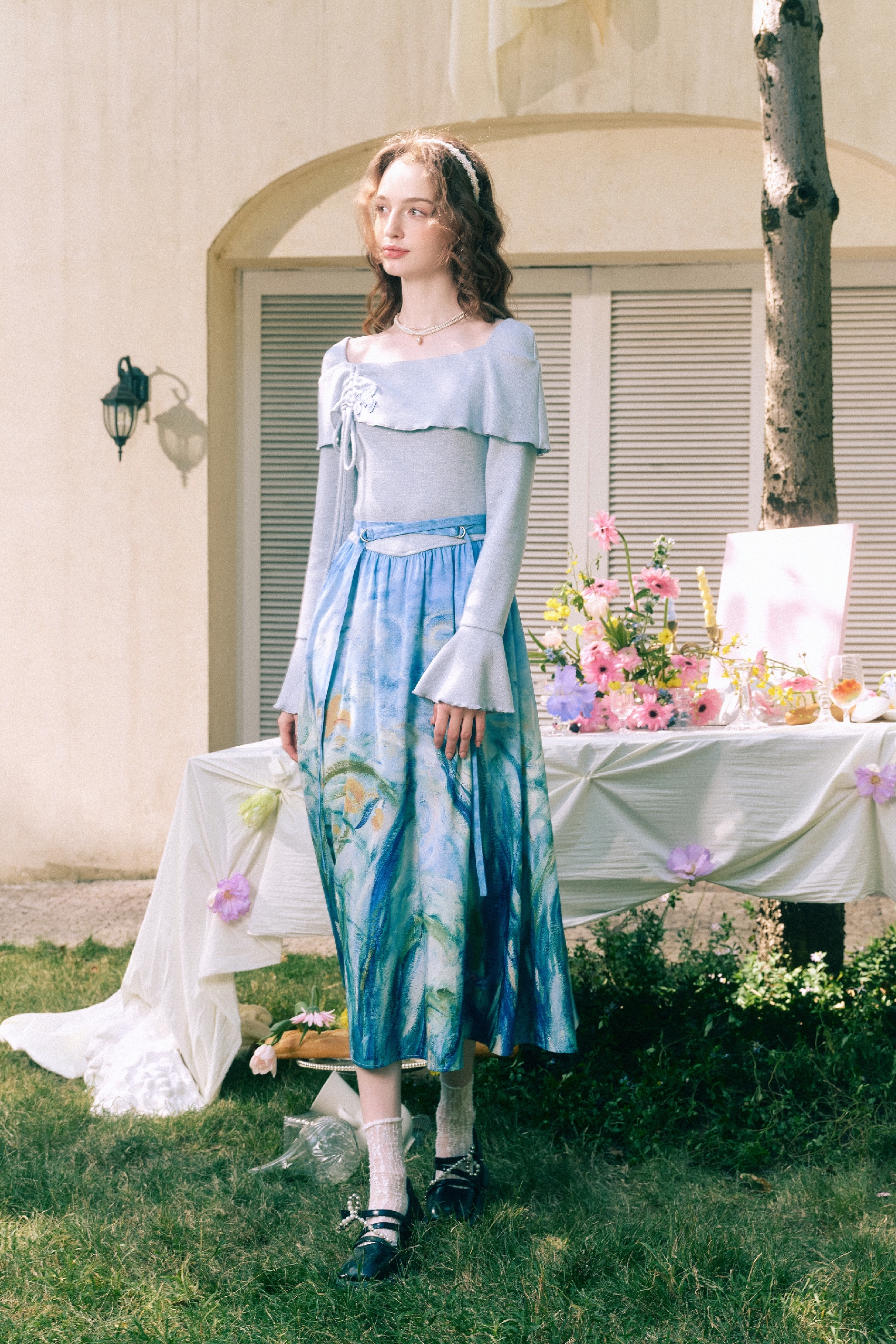 Patchwork Knit Drawstring Square-Neck Dress