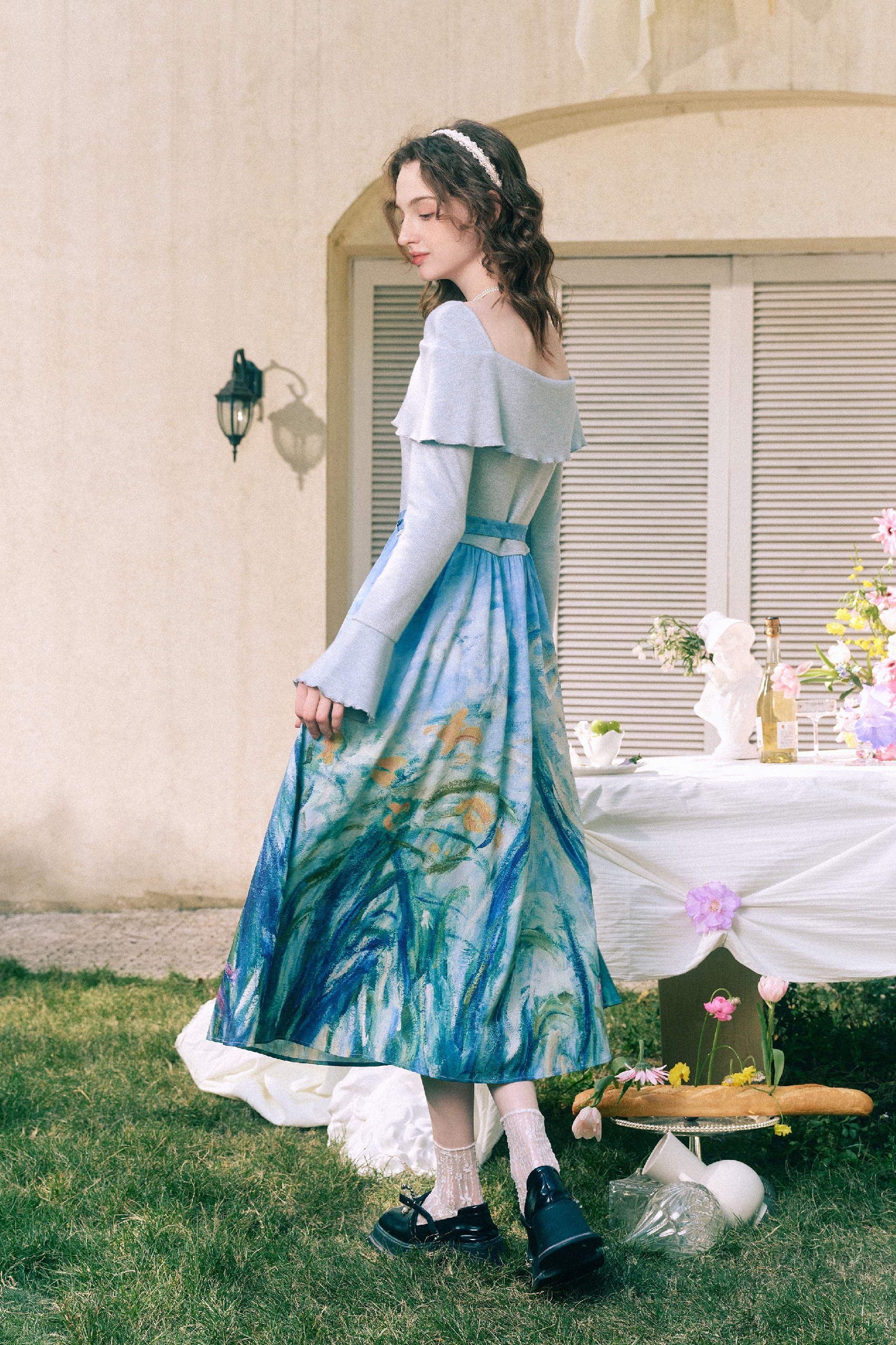 Patchwork Knit Drawstring Square-Neck Dress