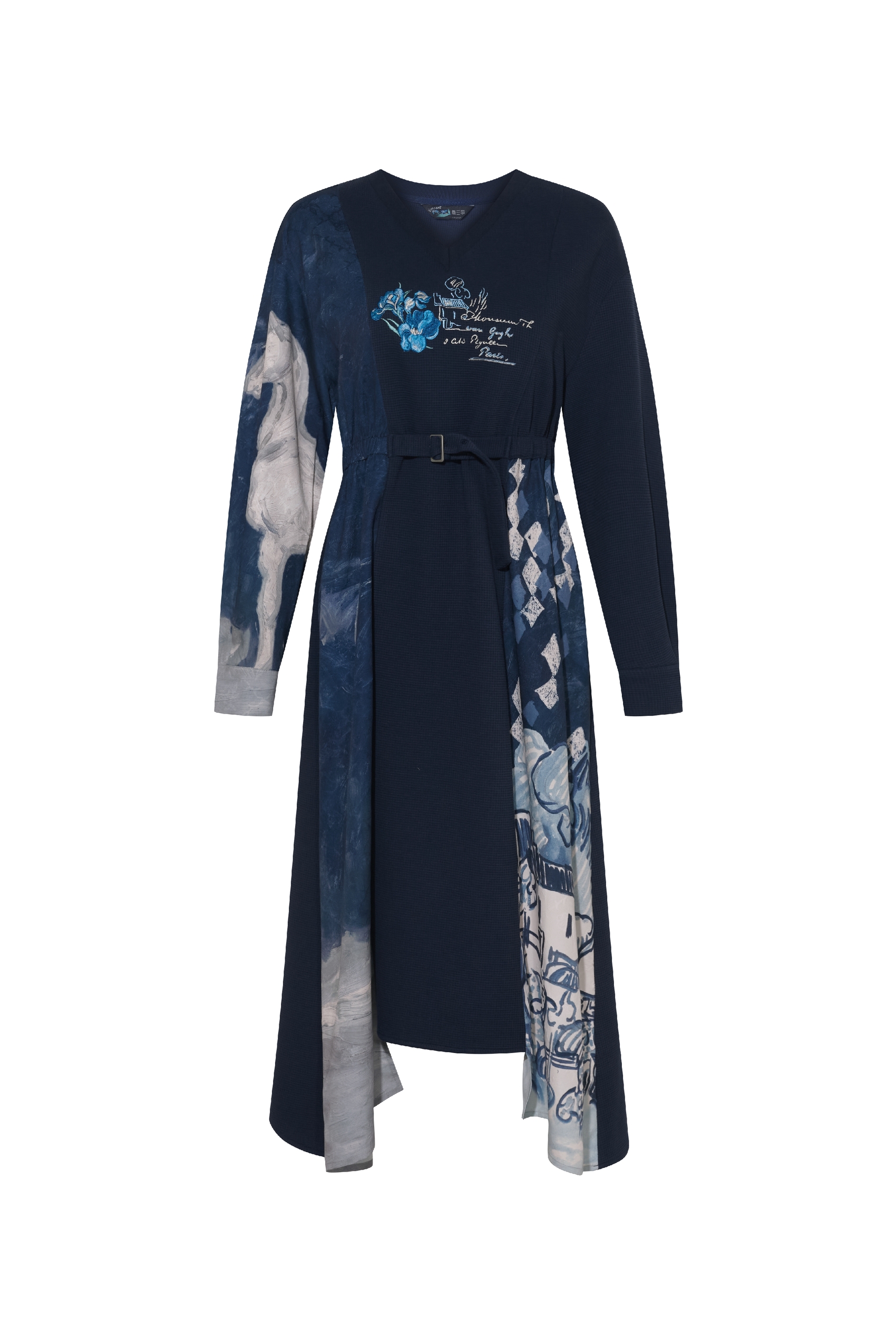 Printed Patchwork Embroidered Tie Dress