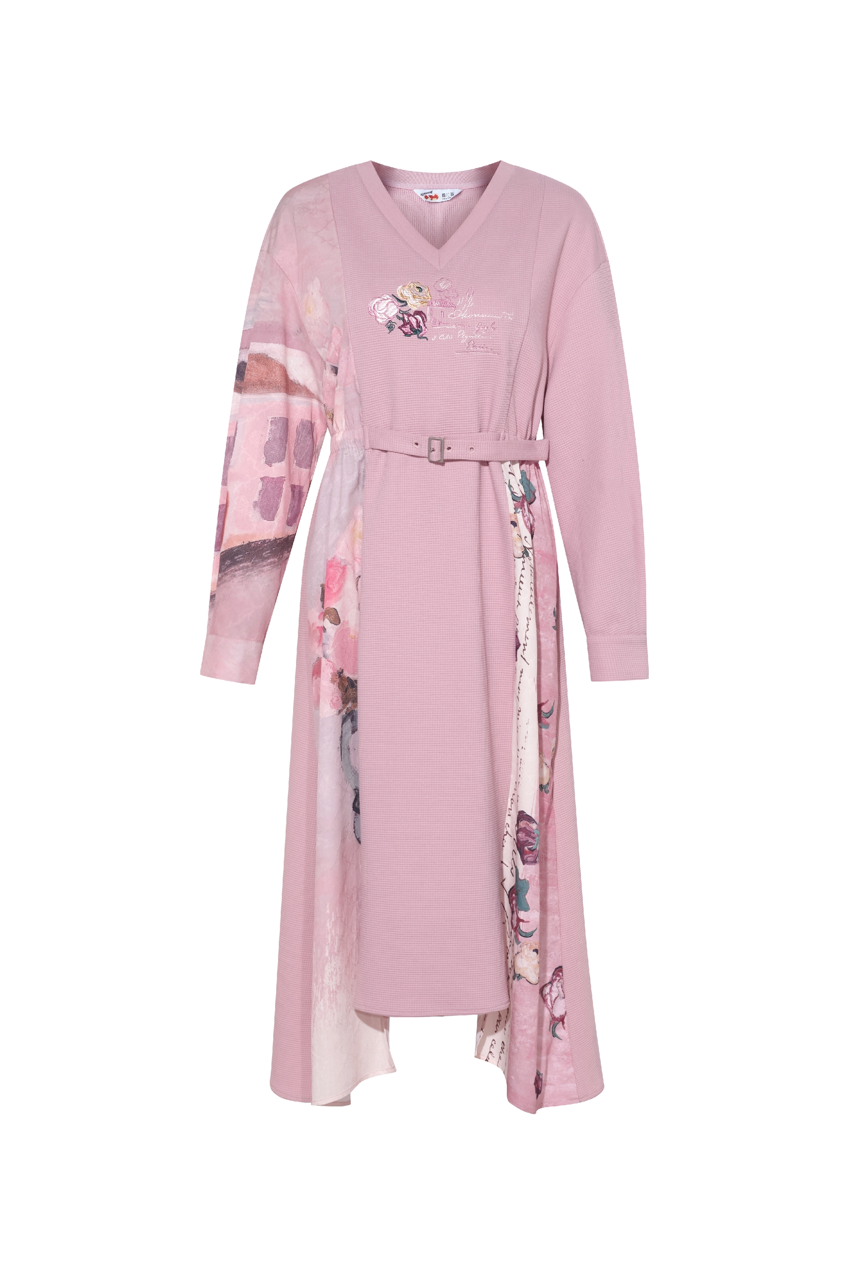 Printed Patchwork Embroidered Tie Dress