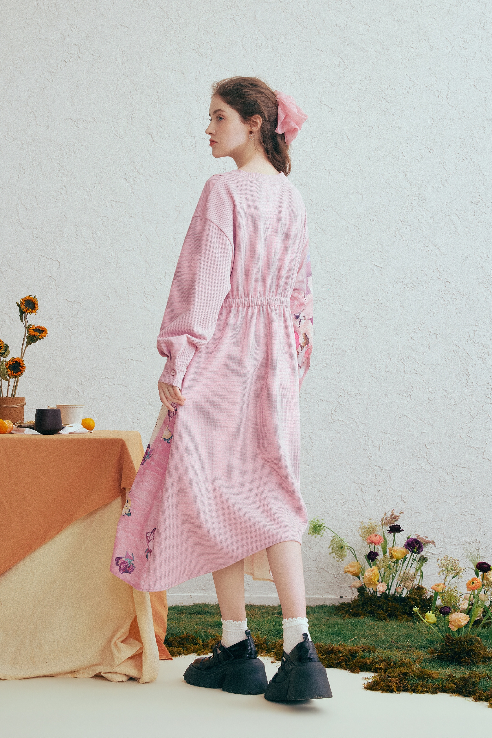 Printed Patchwork Embroidered Tie Dress