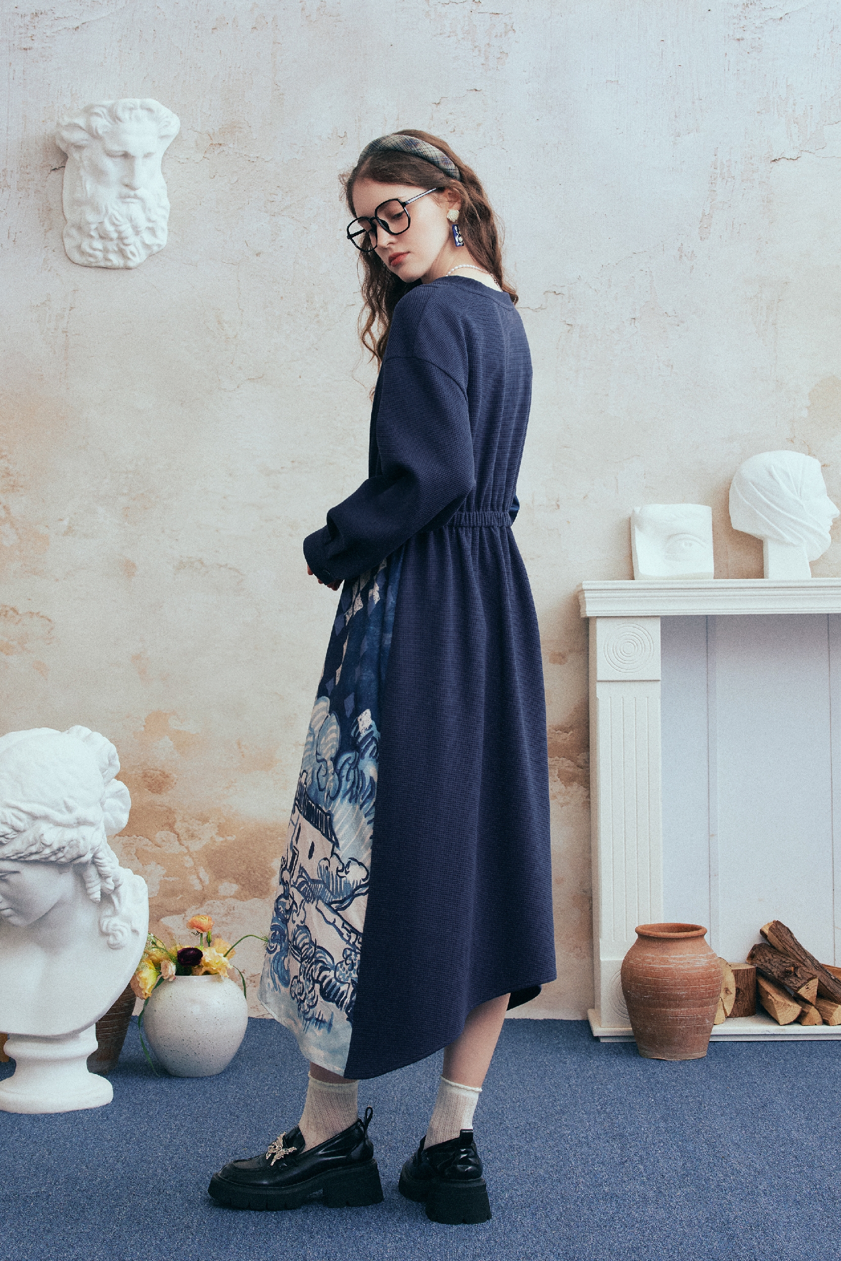 Printed Patchwork Embroidered Tie Dress