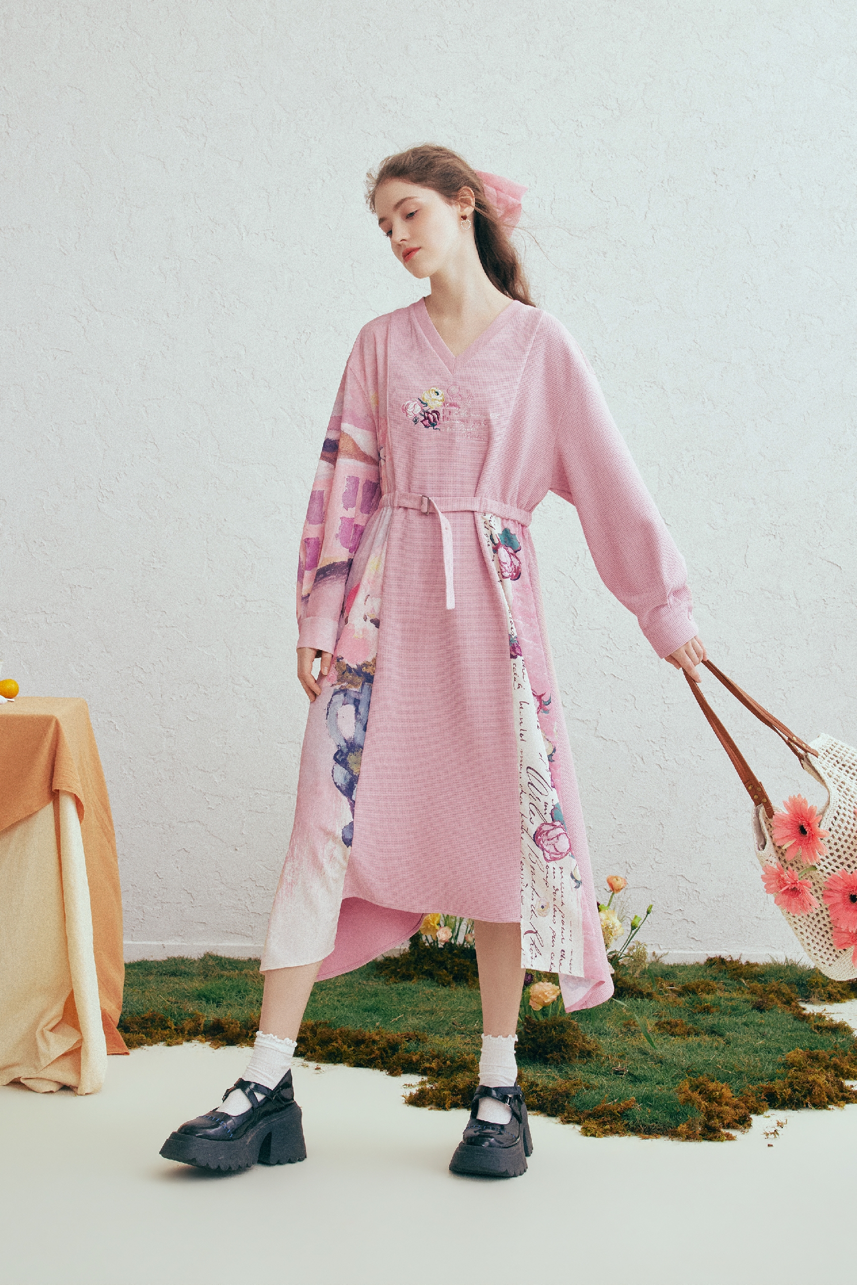 Printed Patchwork Embroidered Tie Dress