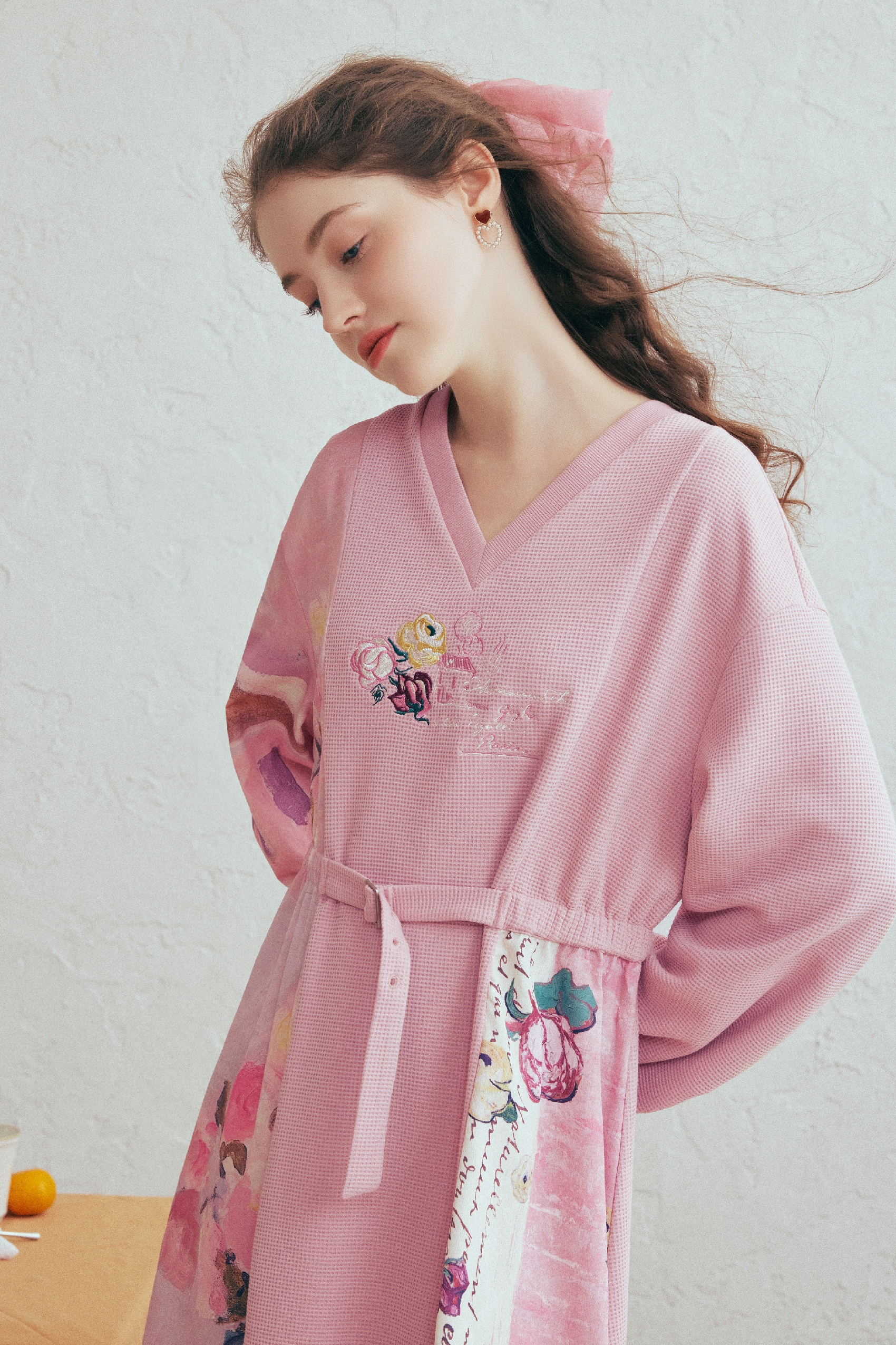 Printed Patchwork Embroidered Tie Dress