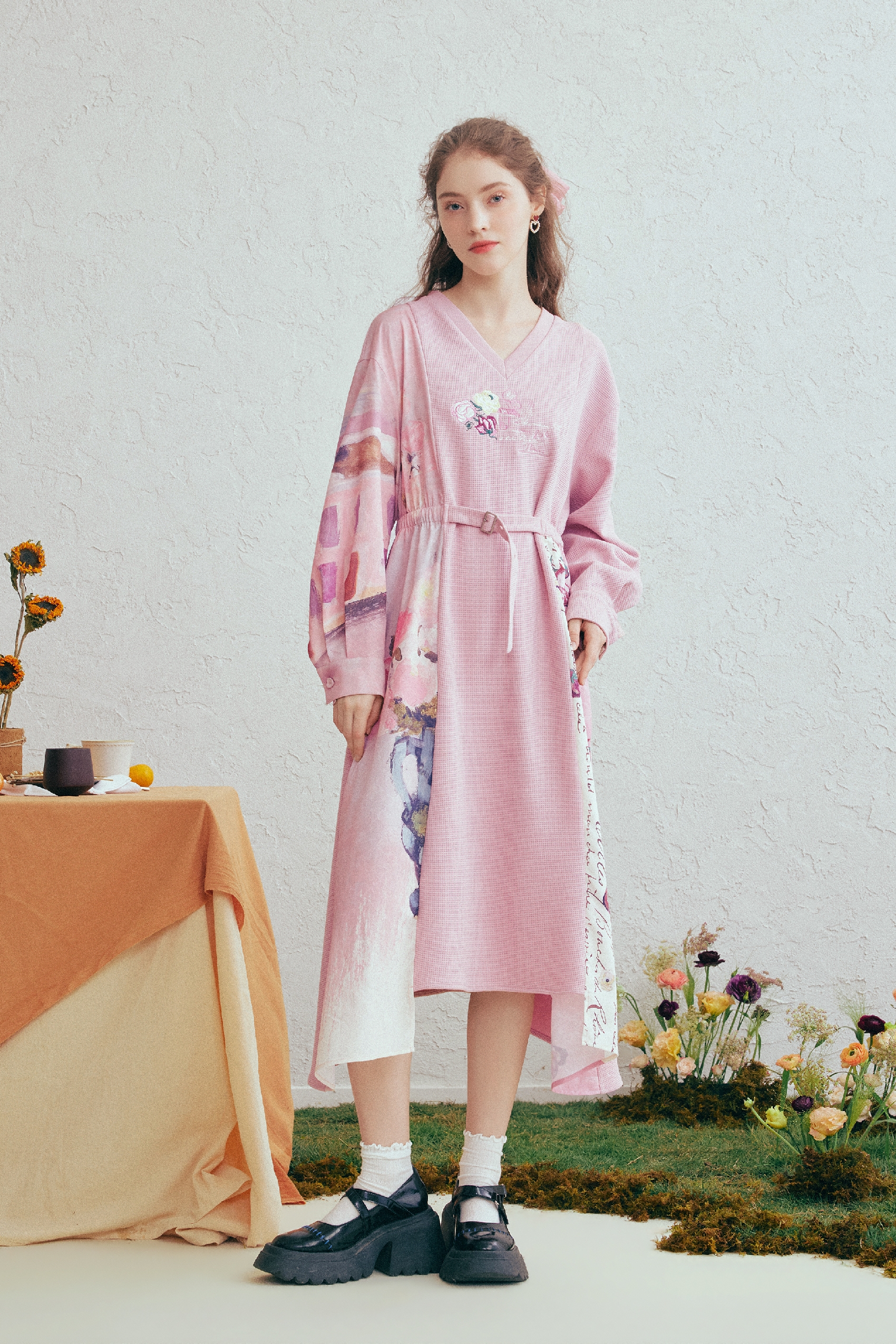 Printed Patchwork Embroidered Tie Dress