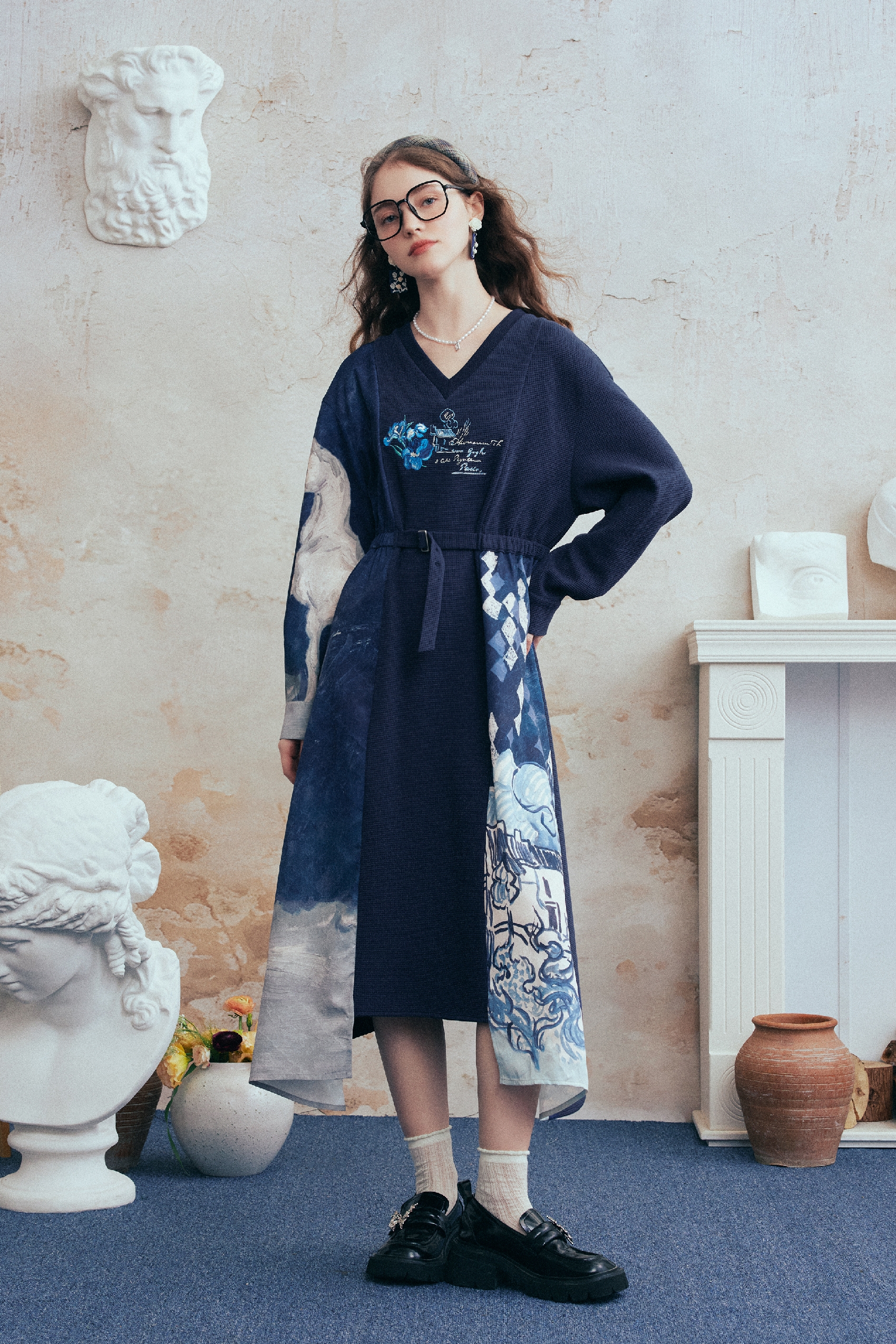 Printed Patchwork Embroidered Tie Dress