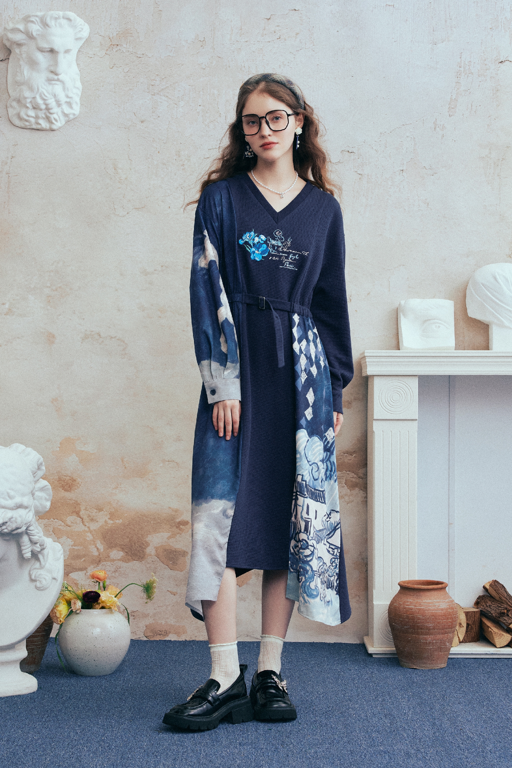 Printed Patchwork Embroidered Tie Dress
