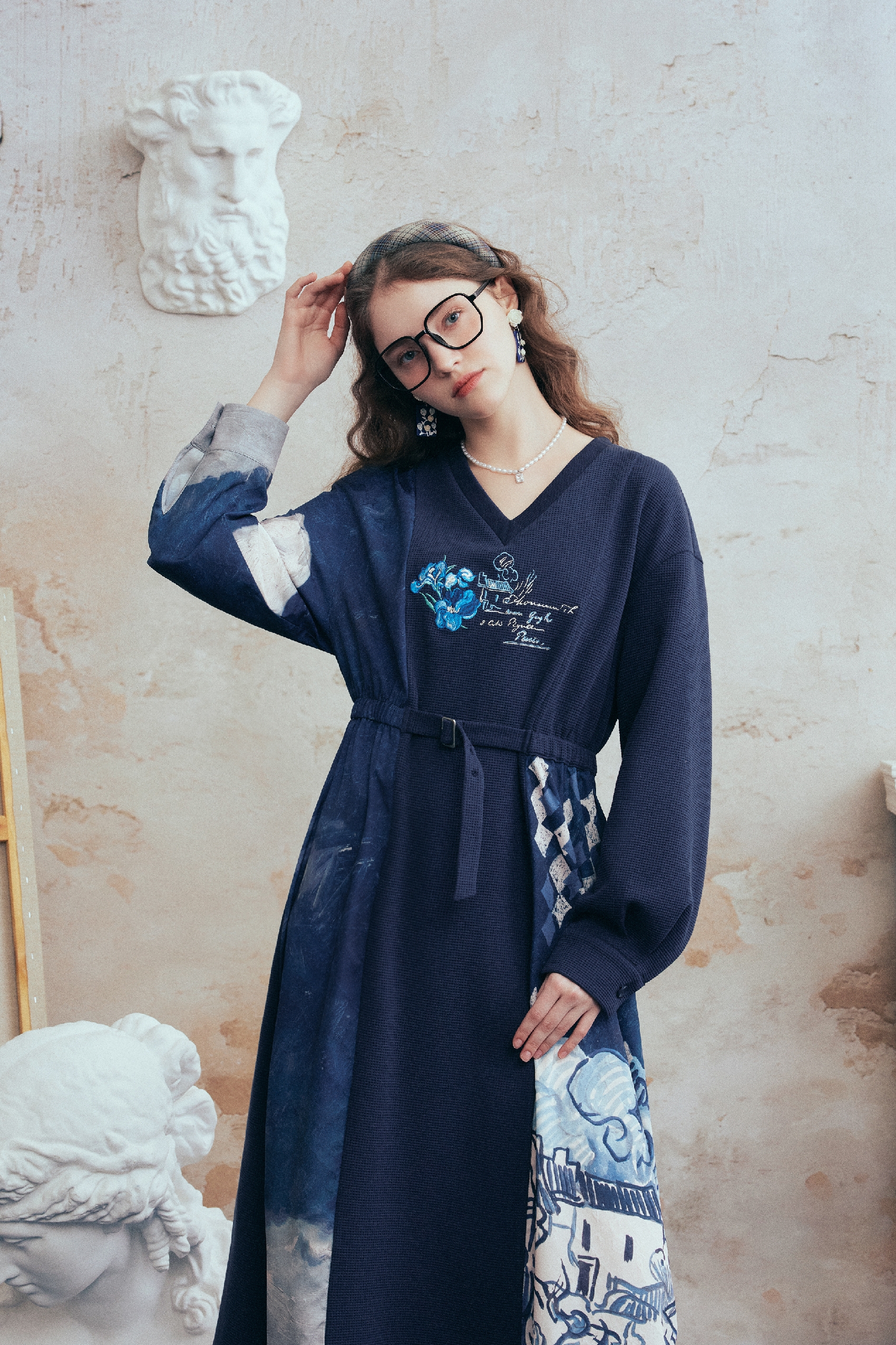 Printed Patchwork Embroidered Tie Dress