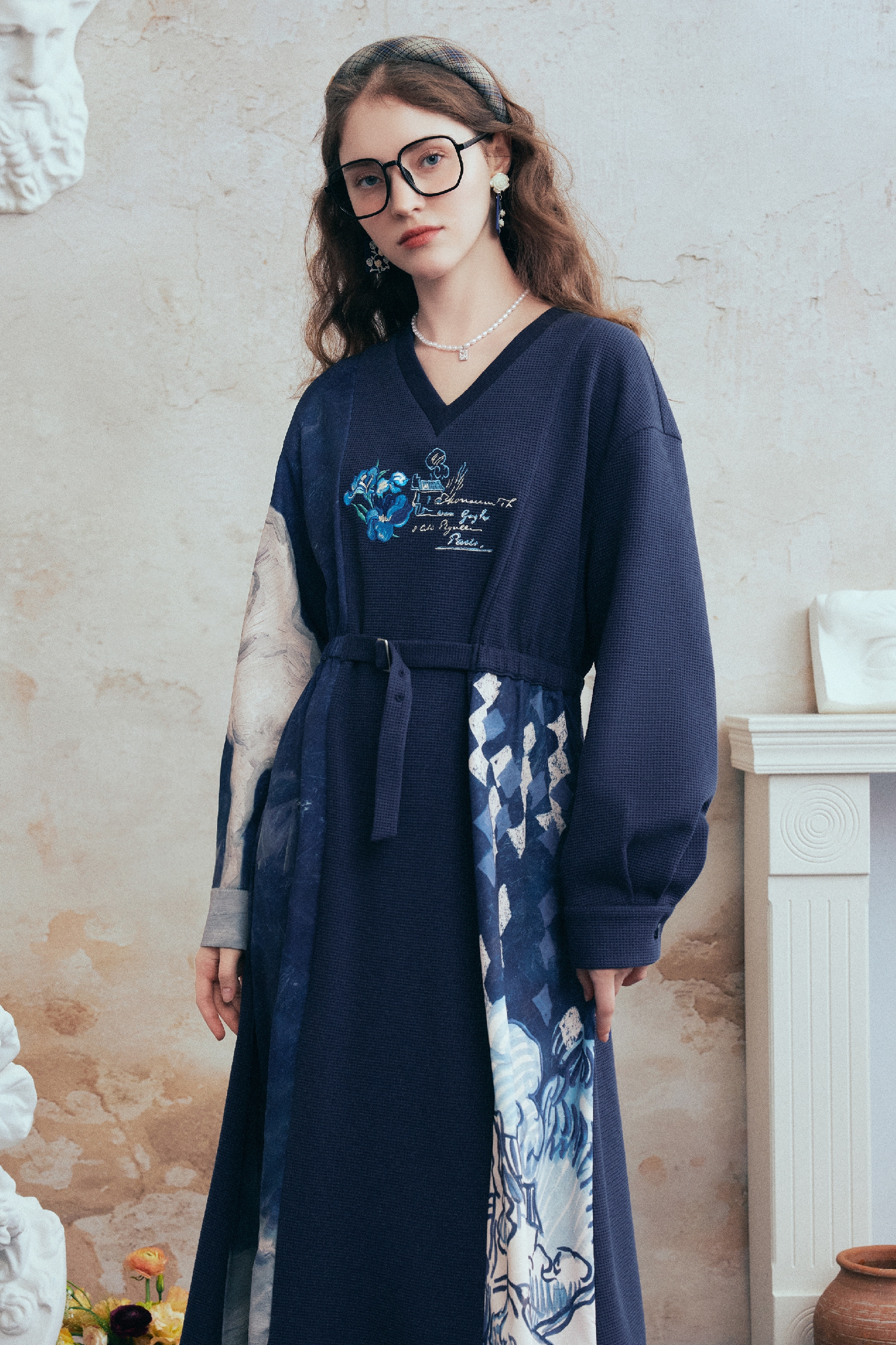 Printed Patchwork Embroidered Tie Dress