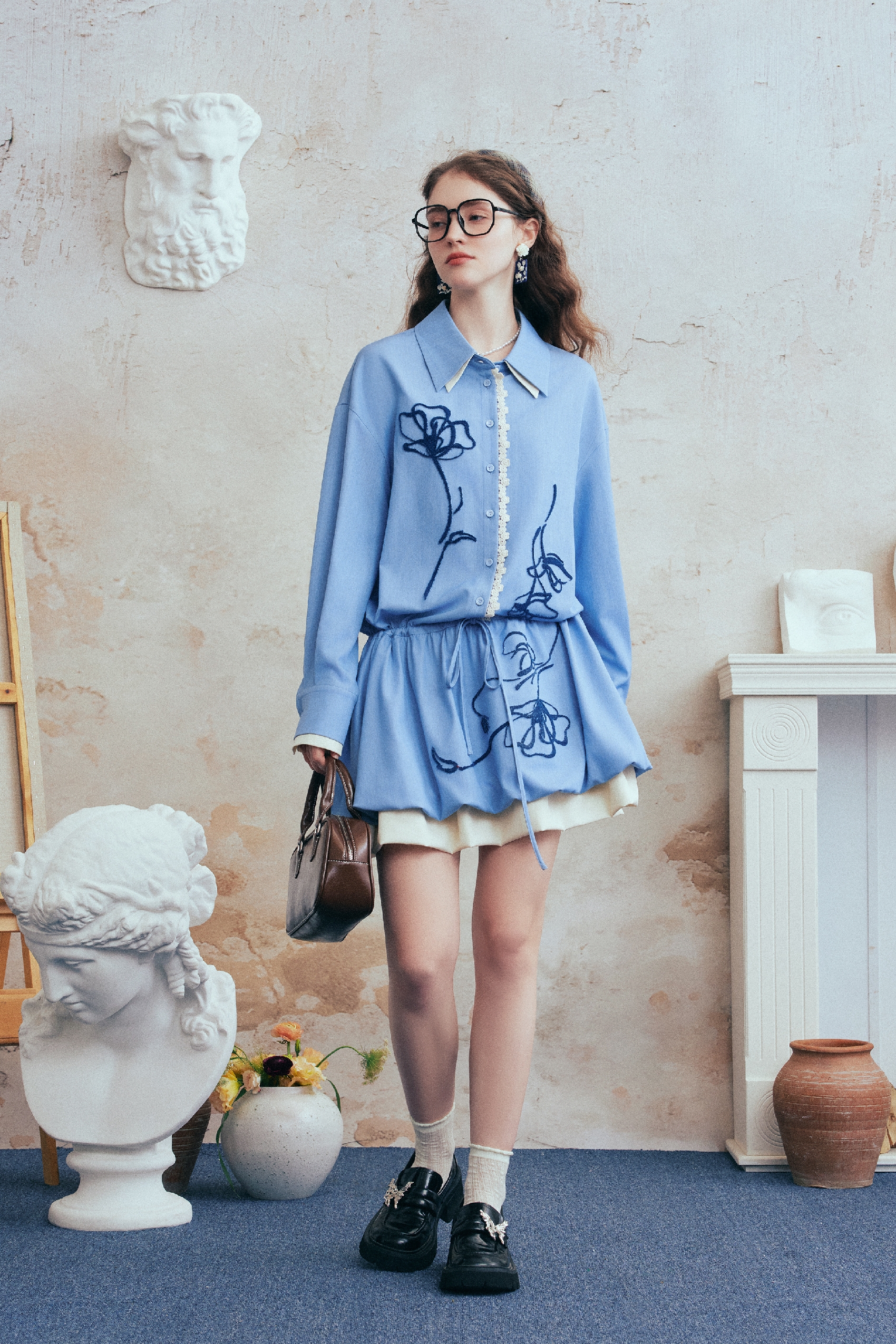 Color-Block Embroidered Drawstring Shirt Dress