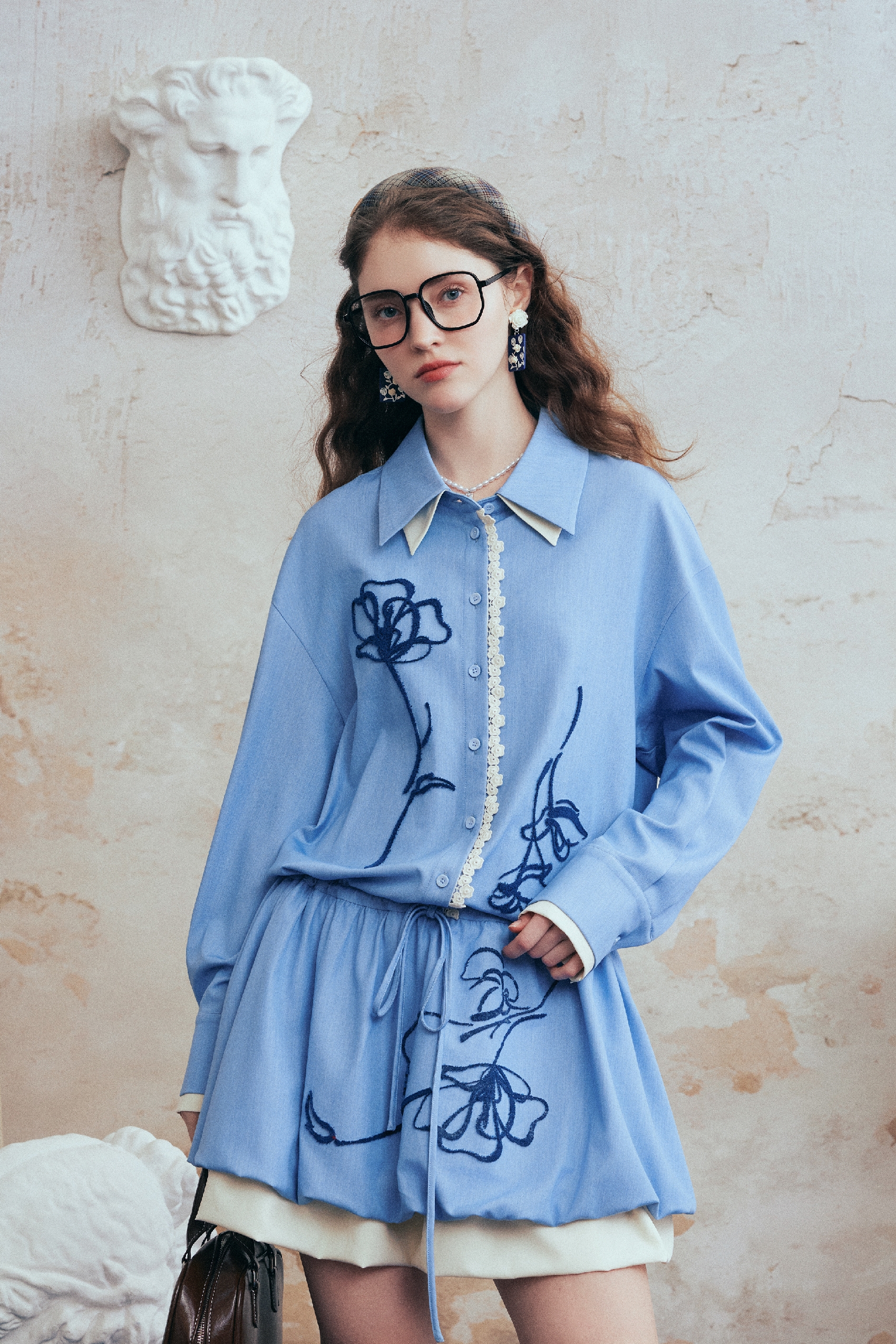 Color-Block Embroidered Drawstring Shirt Dress