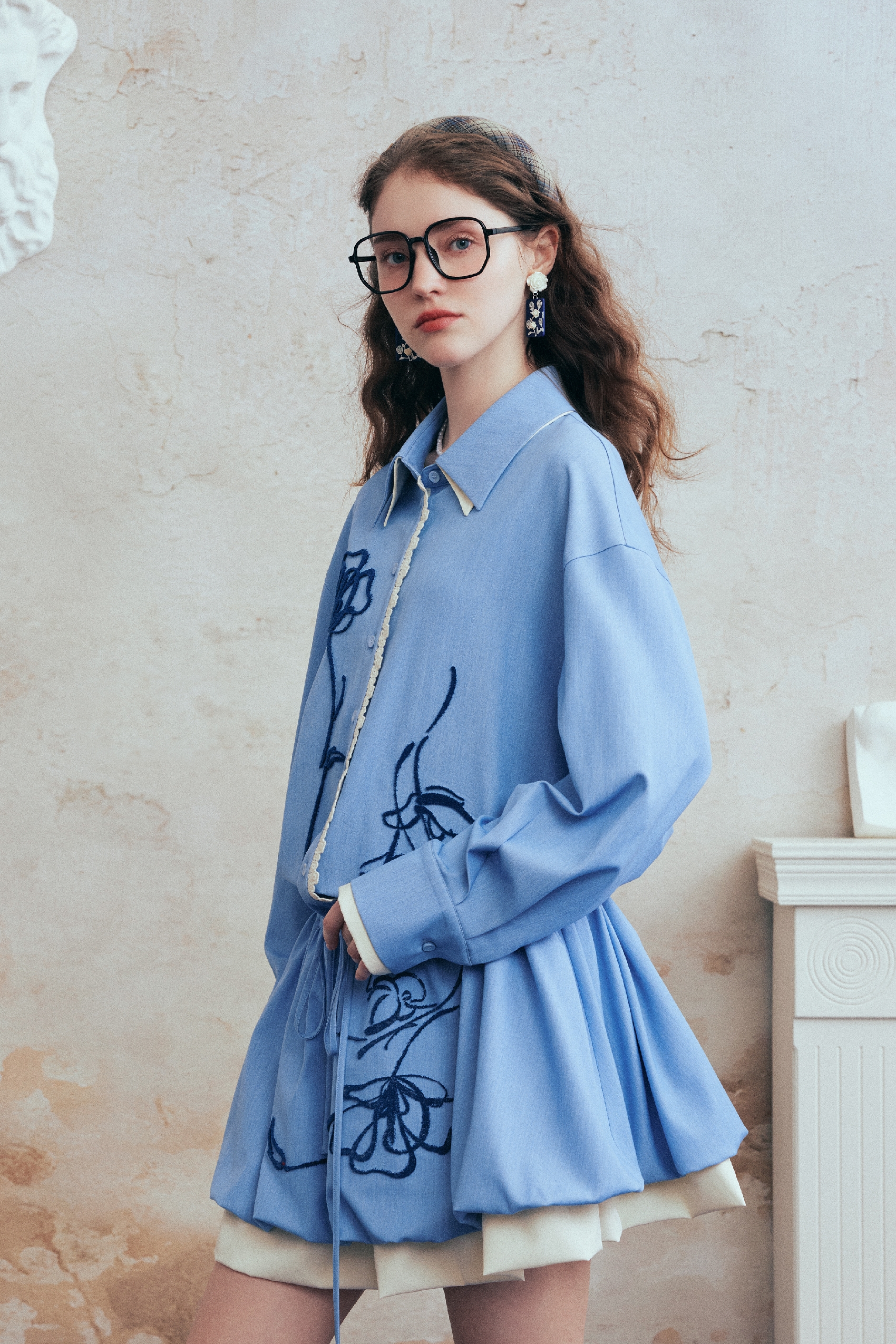Color-Block Embroidered Drawstring Shirt Dress