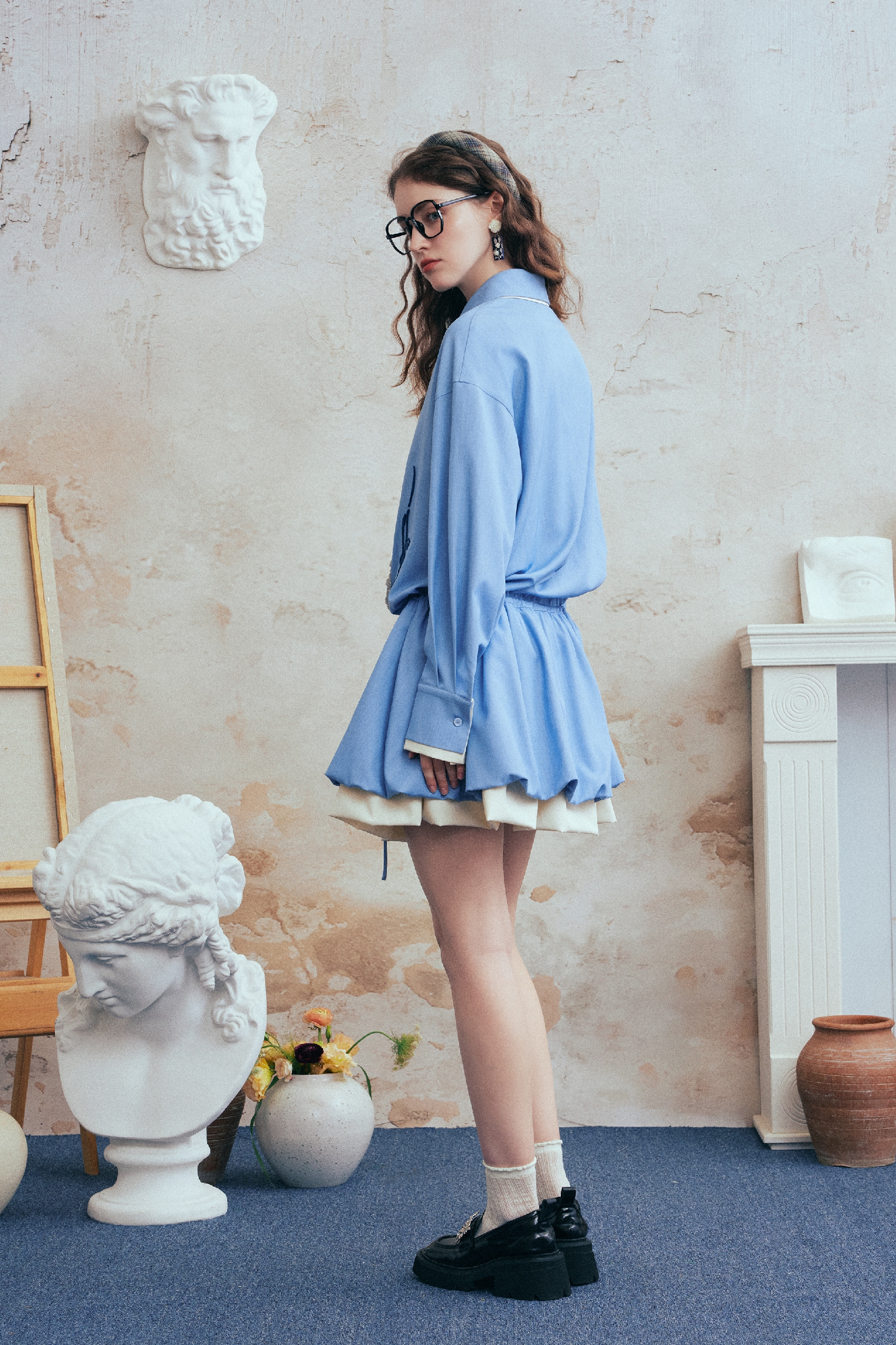 Color-Block Embroidered Drawstring Shirt Dress