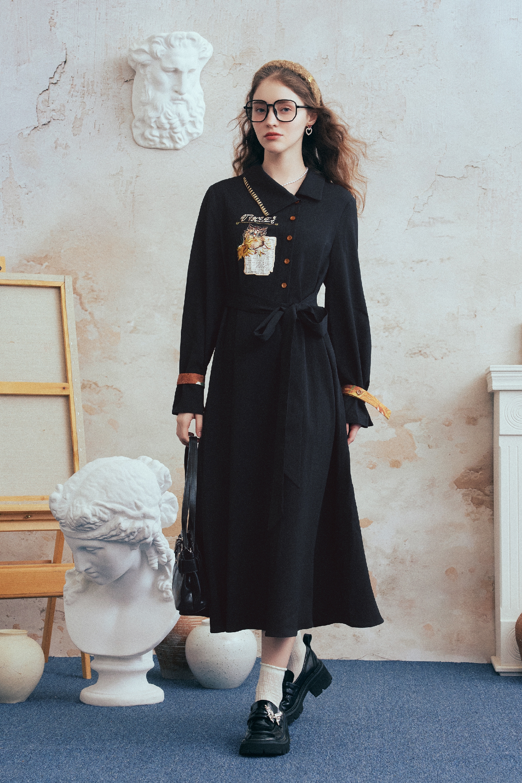 Asymmetric Collar Applique Embroidered Dress-LYONSENS