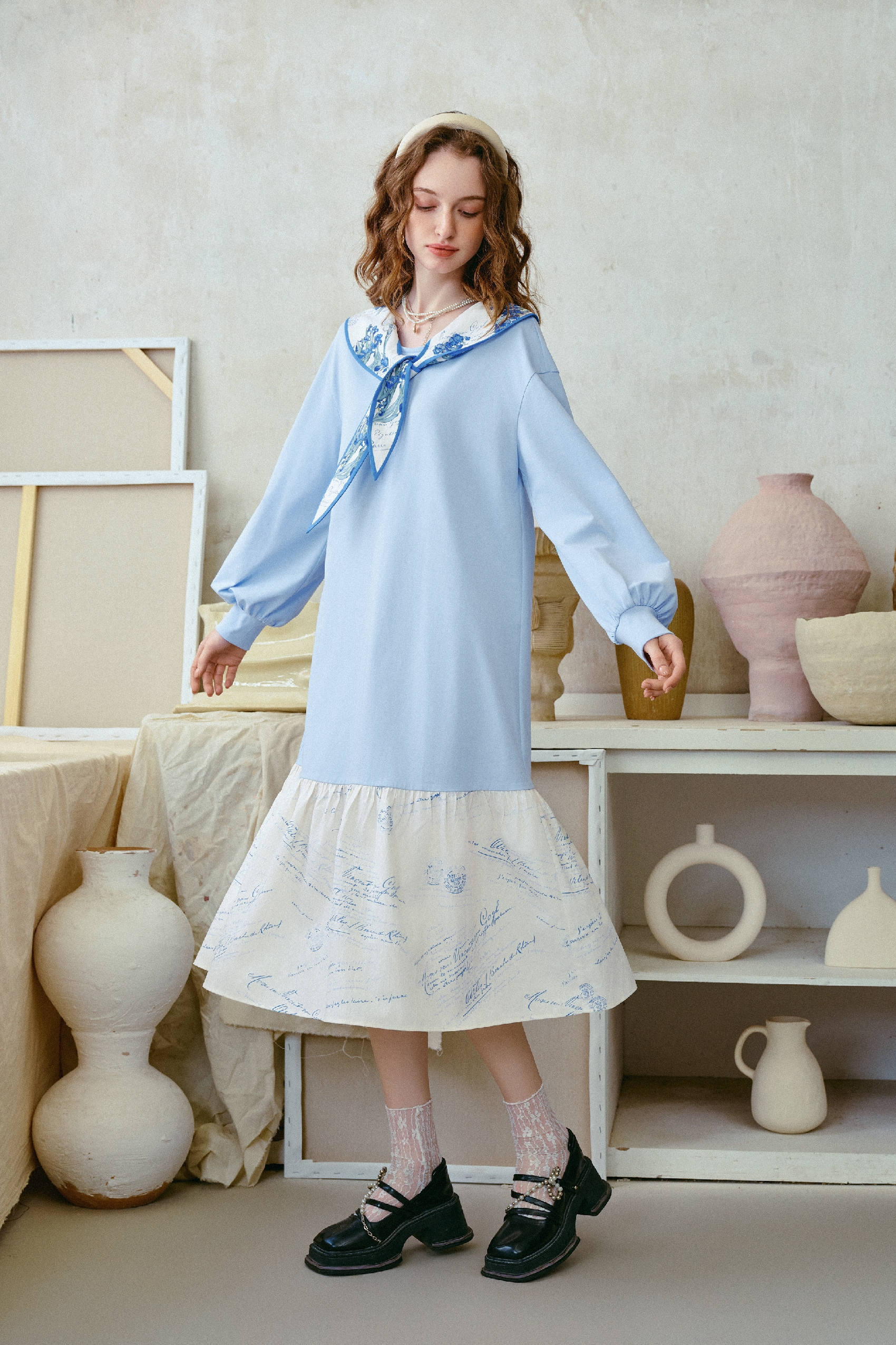 Patchwork Hem Printed Tie-Detail Dress