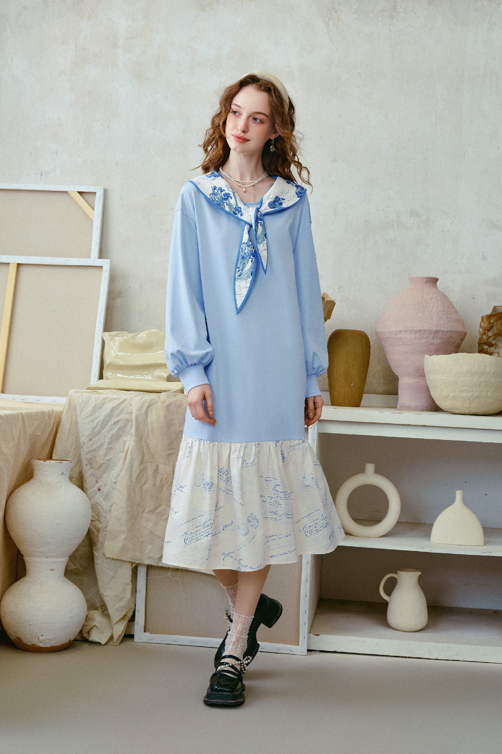 Patchwork Hem Printed Tie-Detail Dress