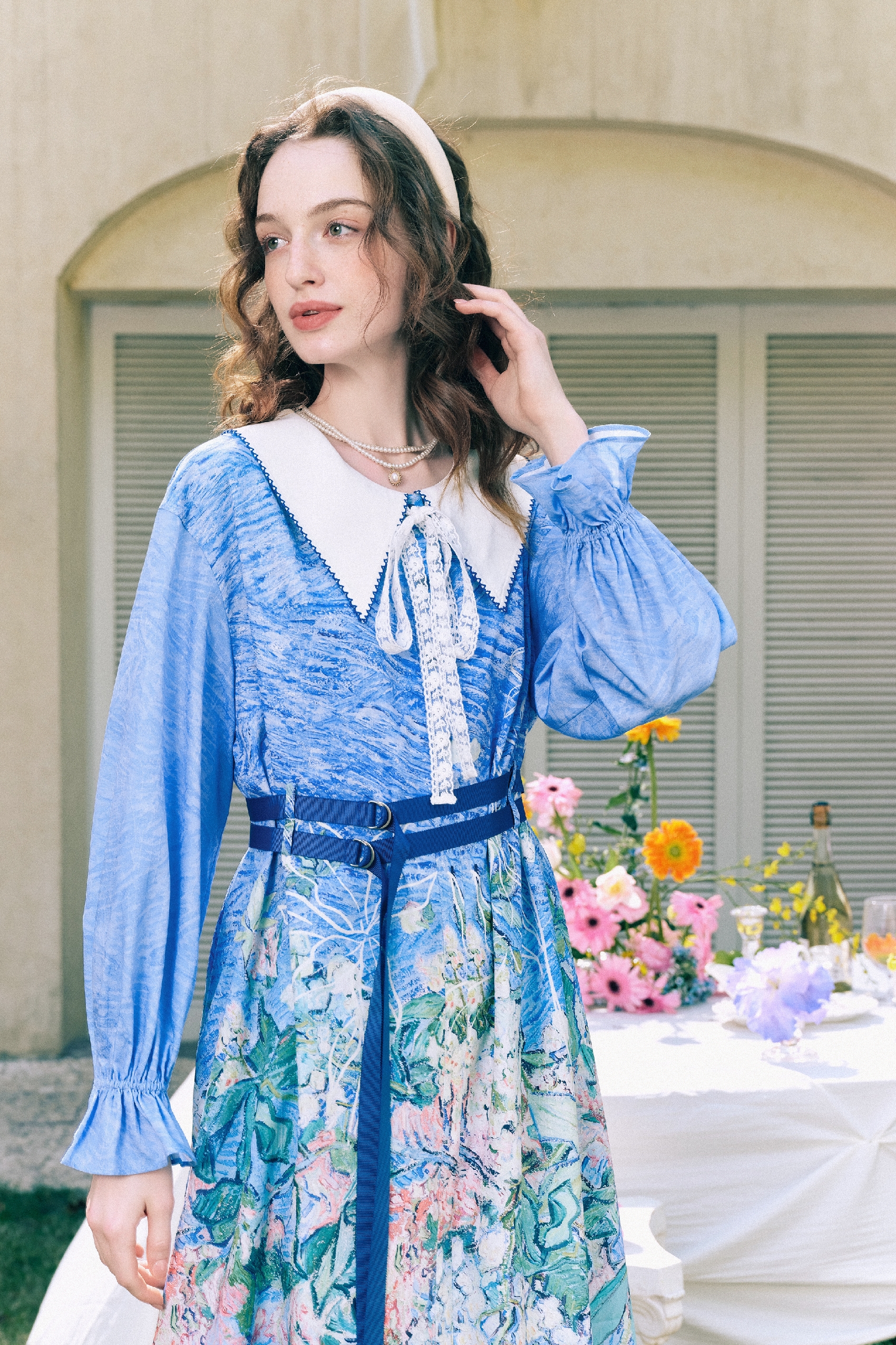 Color-Block Collar Printed A-Line Dress-LYONSENS