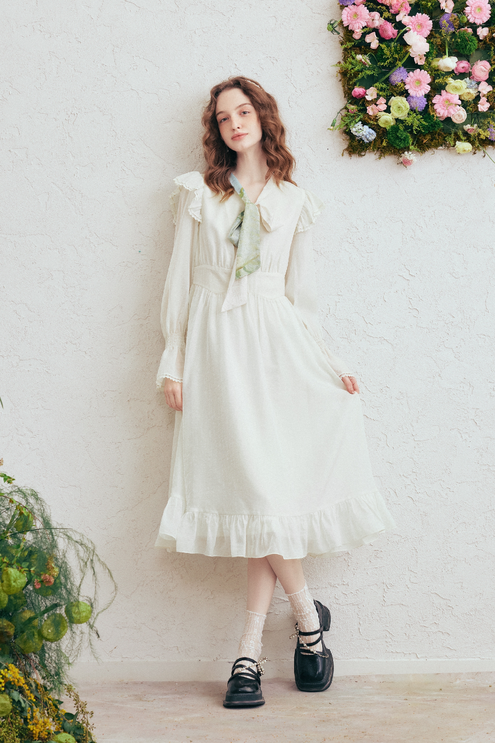 Printed Tie-Neck Dress-LYONSENS