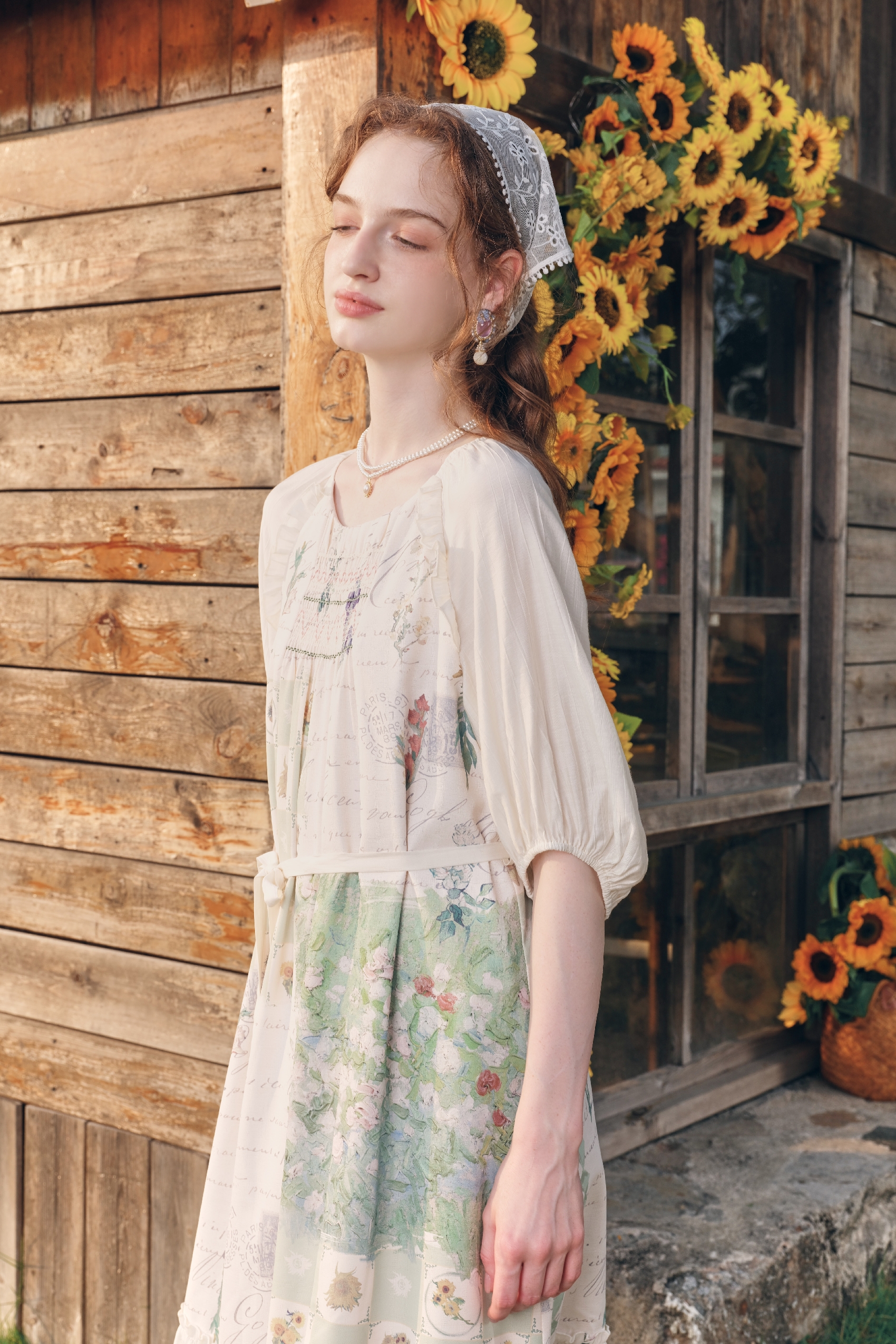 Cottagecore Printed Tie-Detail Puff-Sleeve Dress