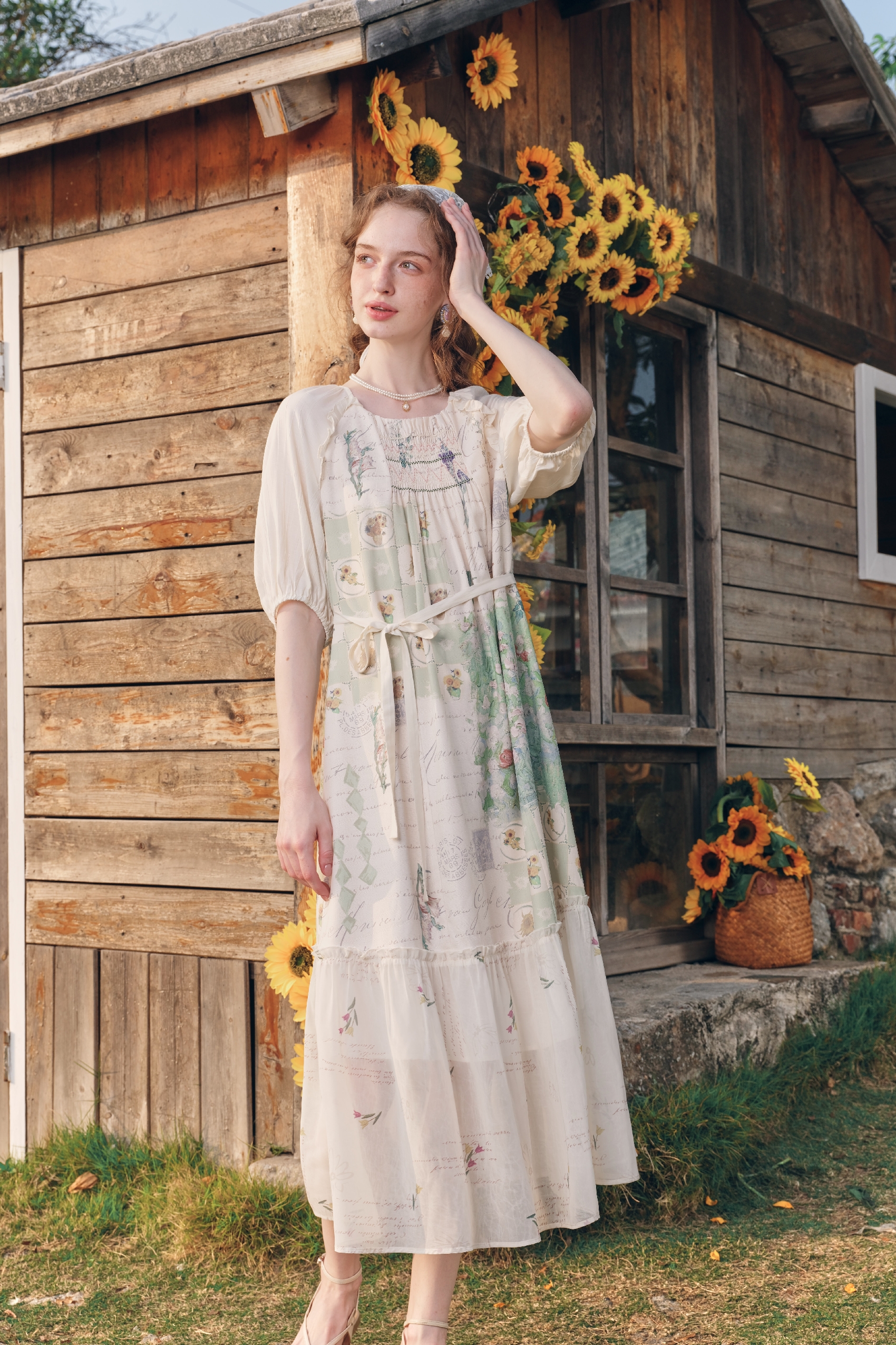 Cottagecore Printed Tie-Detail Puff-Sleeve Dress