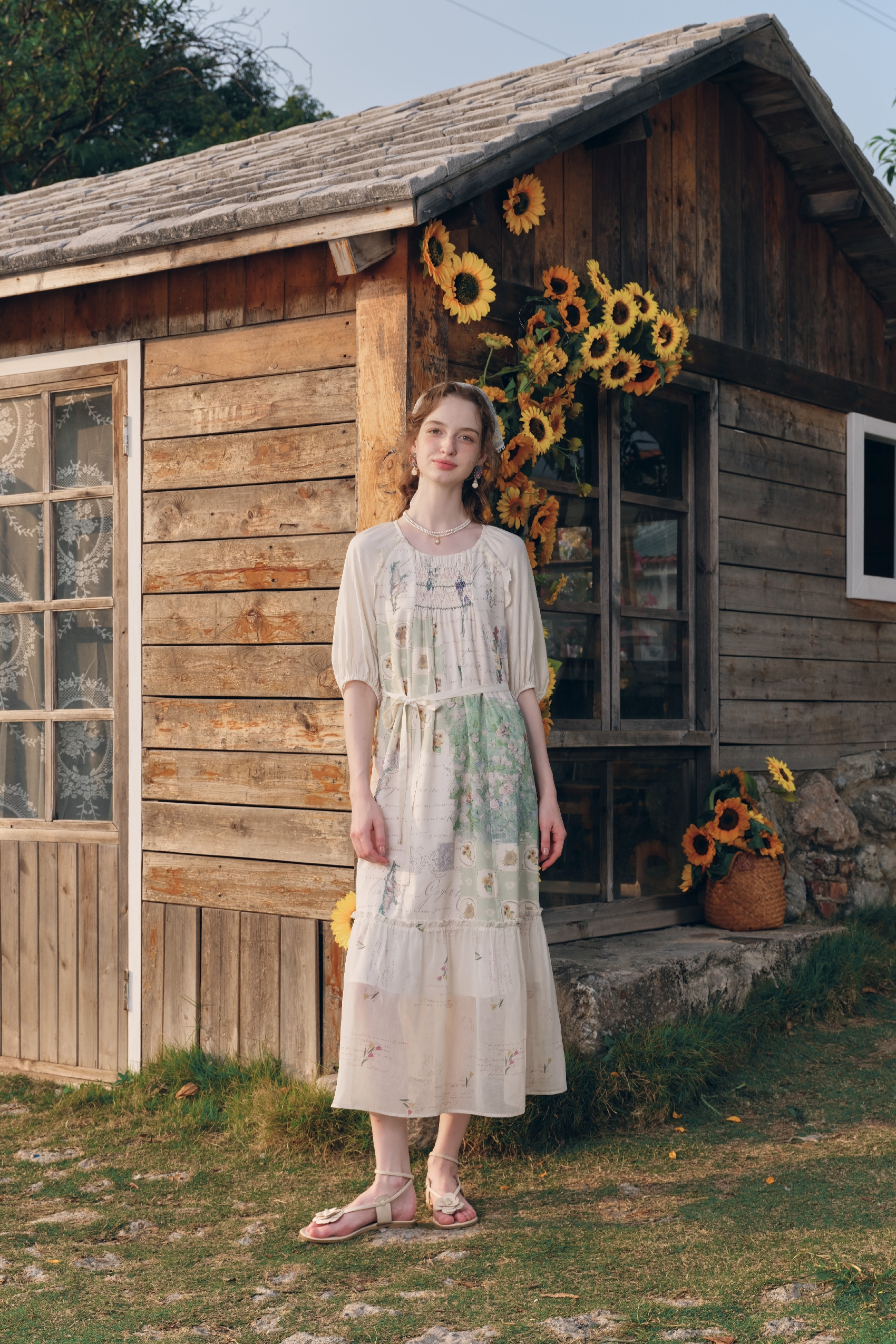 Cottagecore Printed Tie-Detail Puff-Sleeve Dress