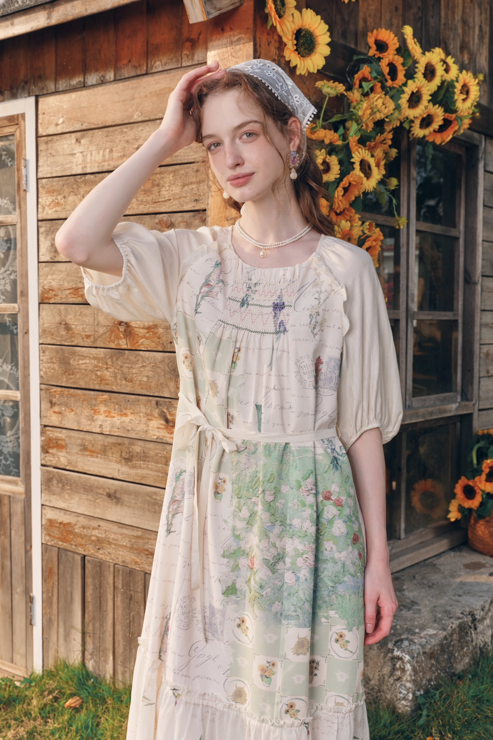 Cottagecore Printed Tie-Detail Puff-Sleeve Dress