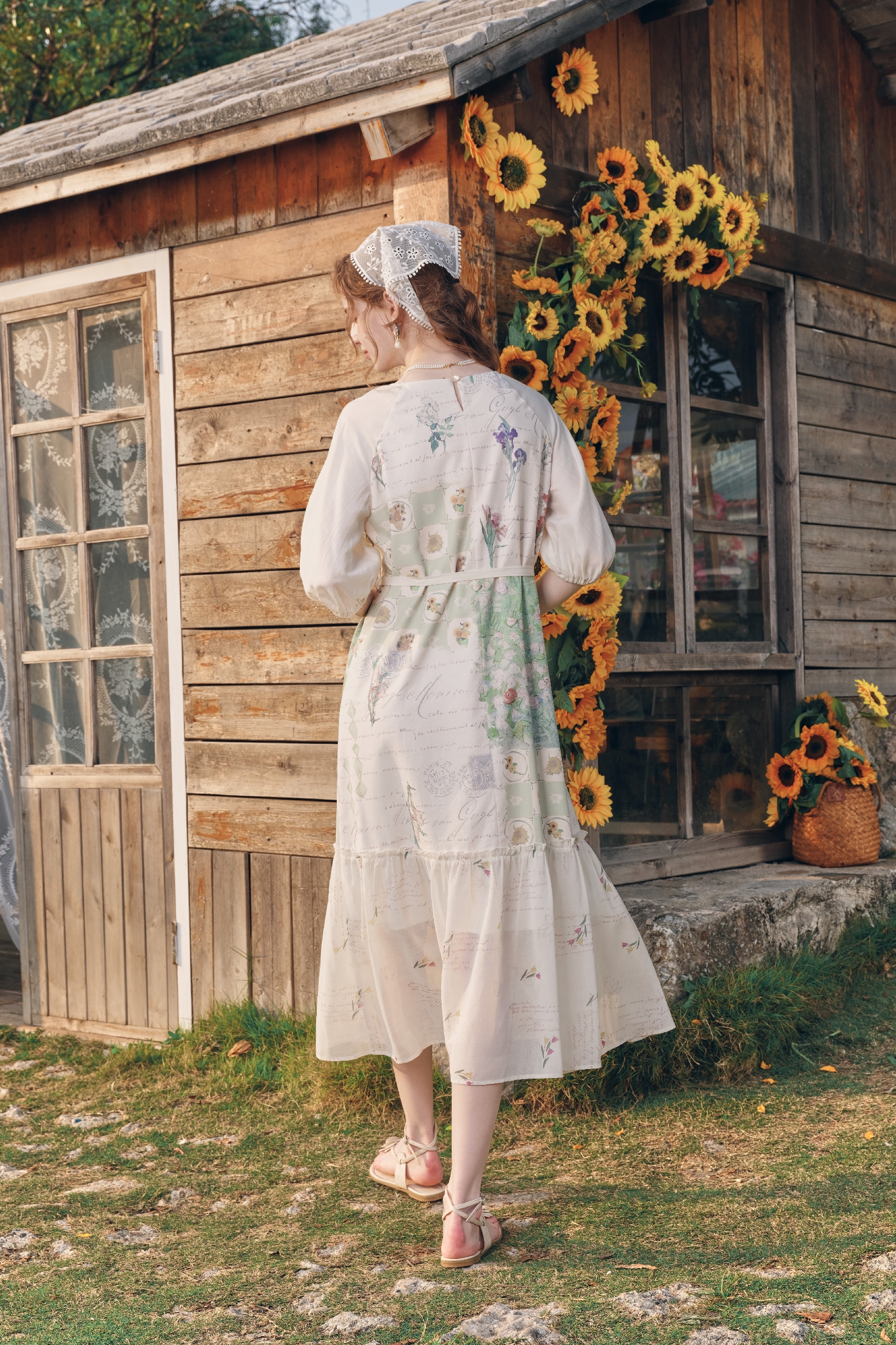 Cottagecore Printed Tie-Detail Puff-Sleeve Dress