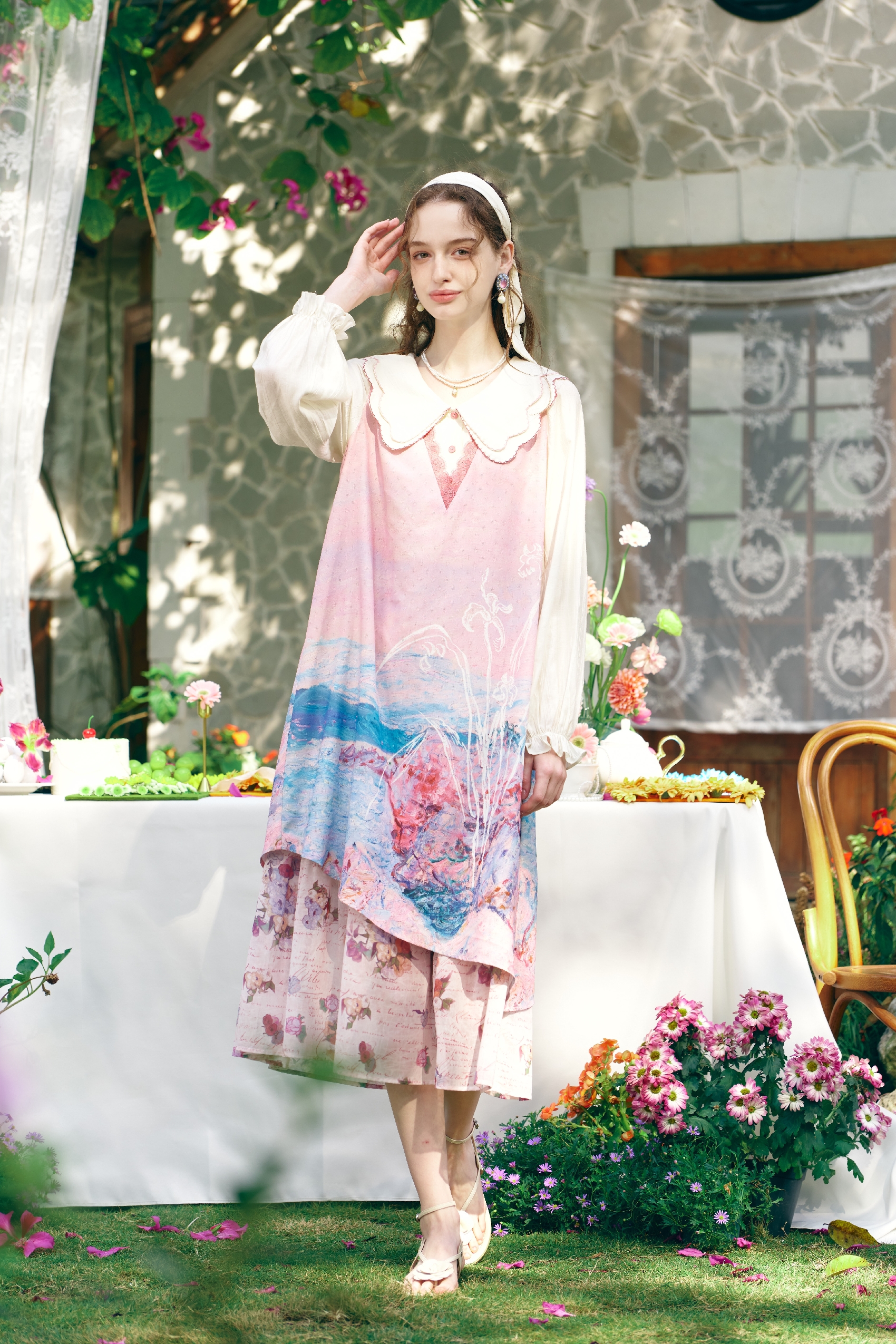 Double-Collar Printed Layered-Look Dress