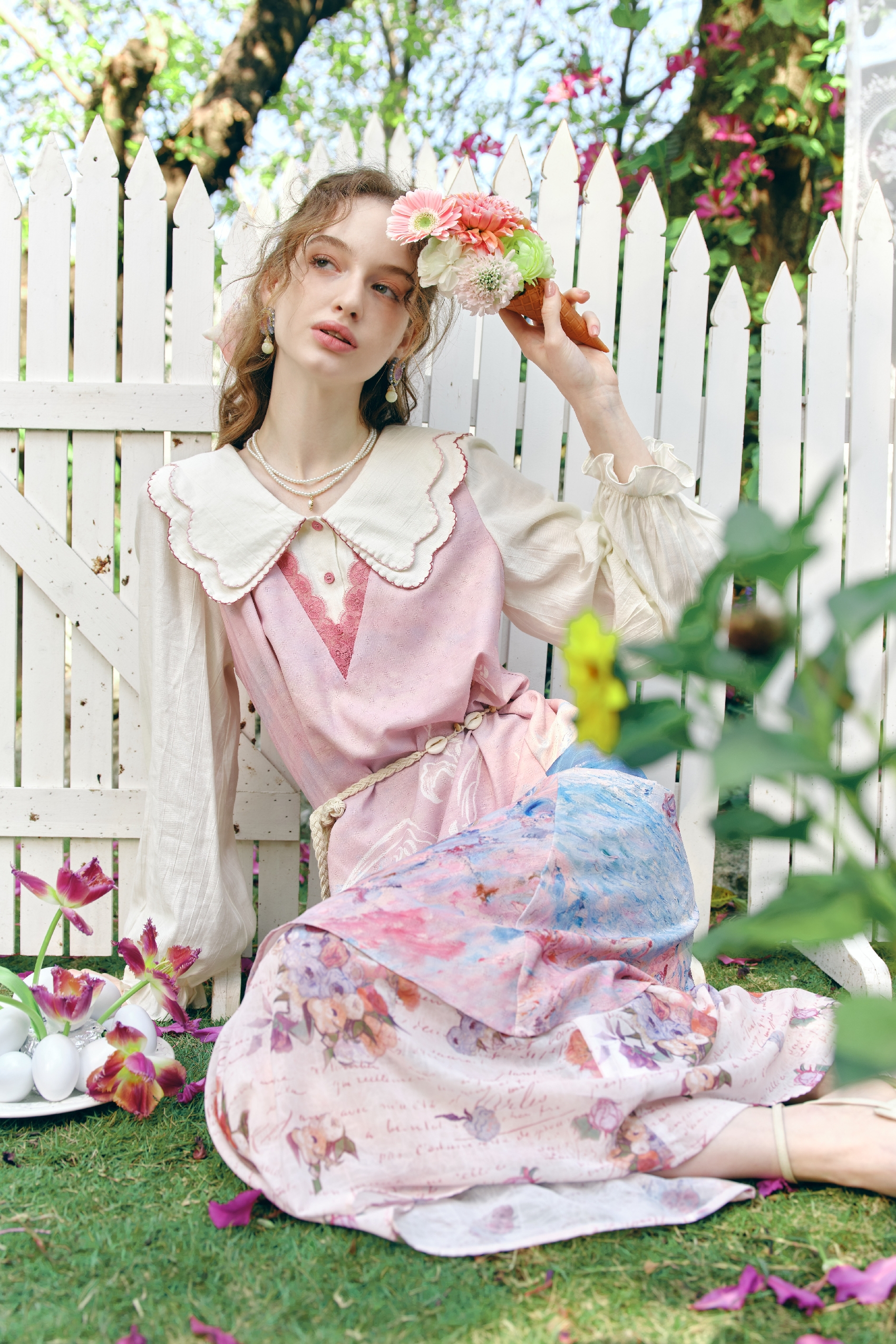 Double-Collar Printed Layered-Look Dress