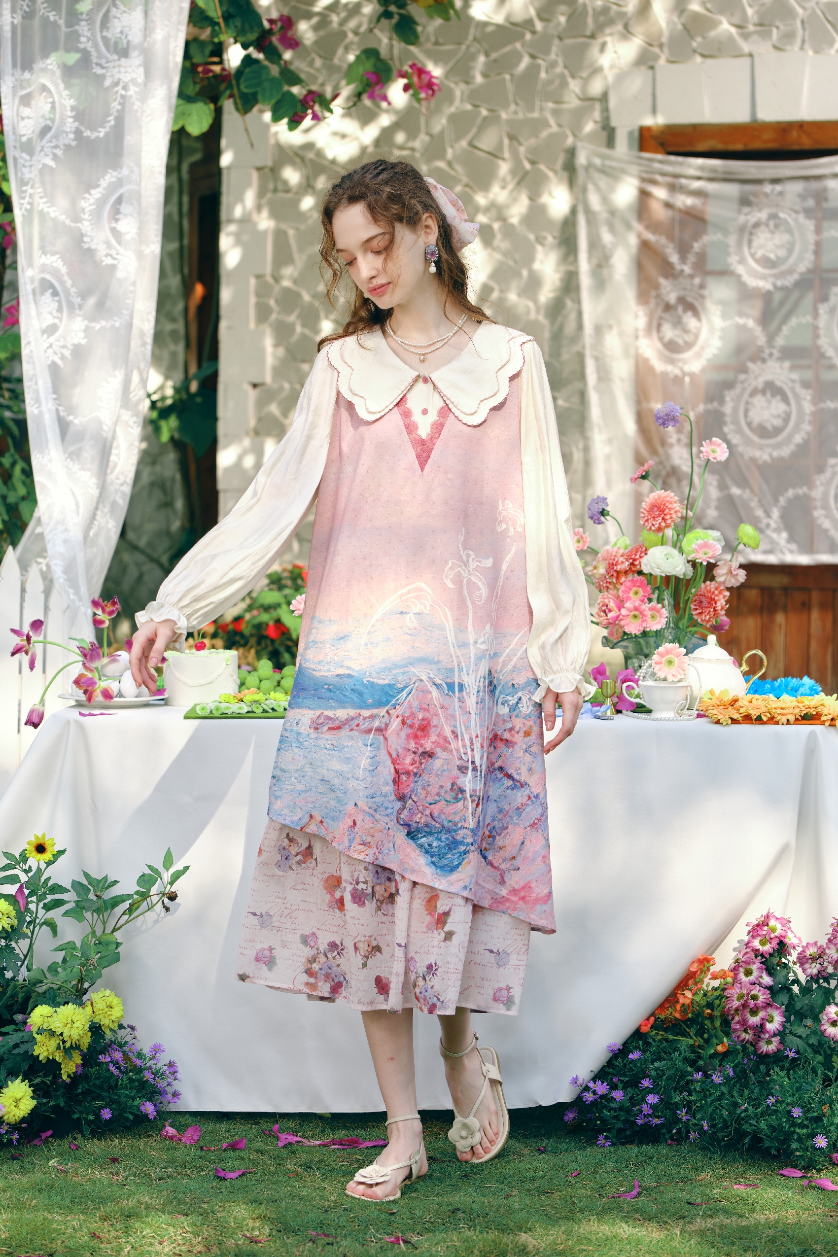 Double-Collar Printed Layered-Look Dress