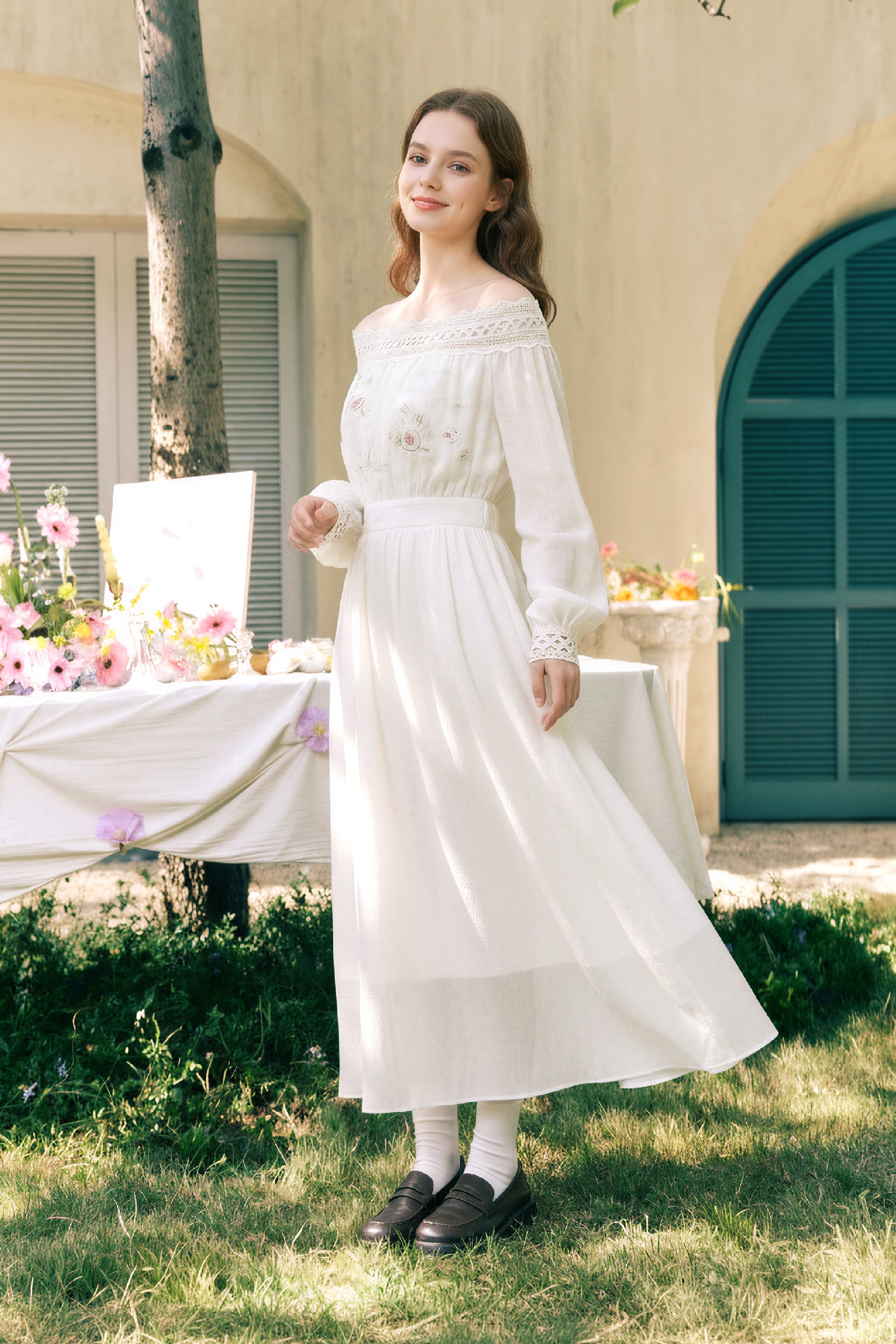 Off-Shoulder Embroidered Dress