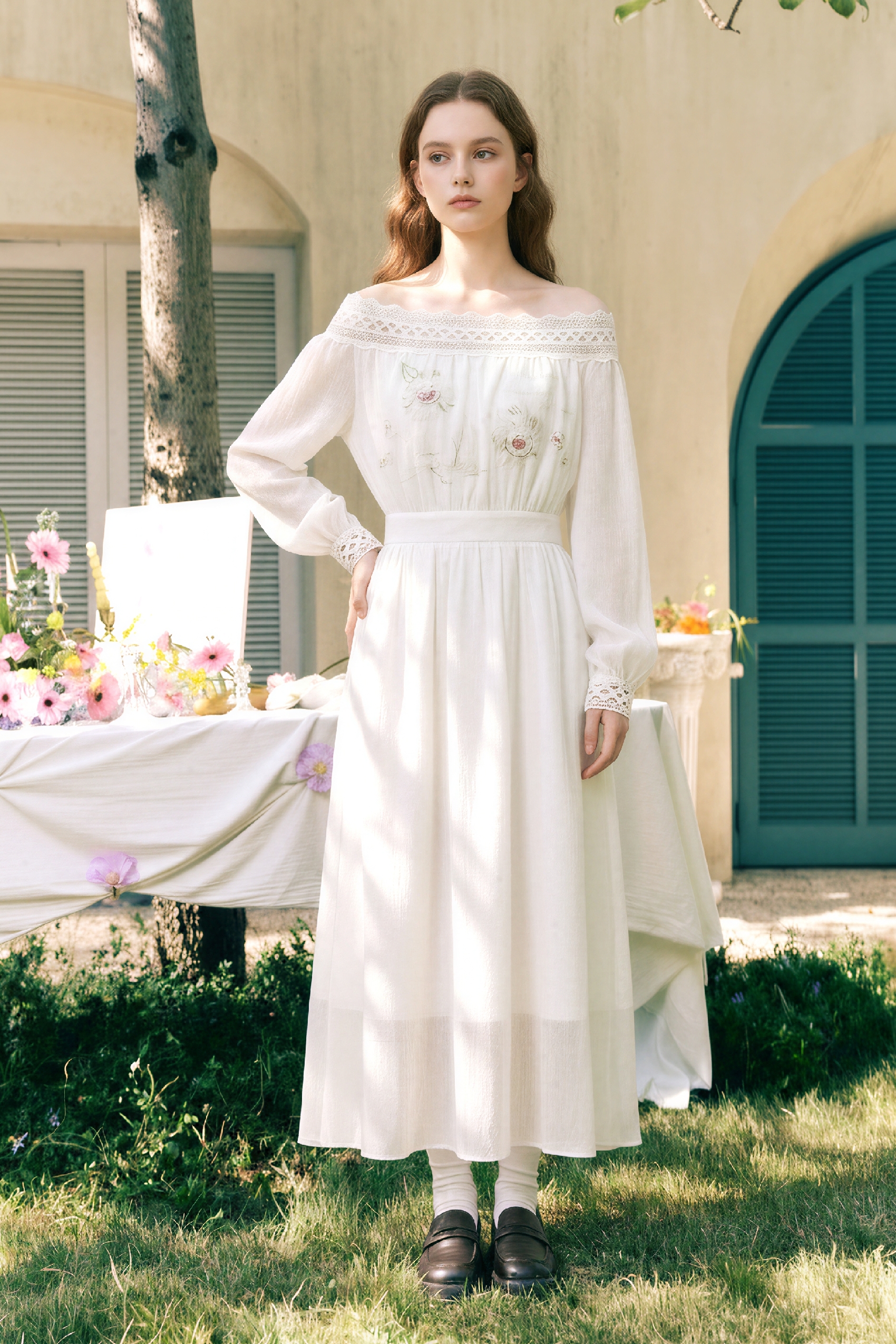 Off-Shoulder Embroidered Dress