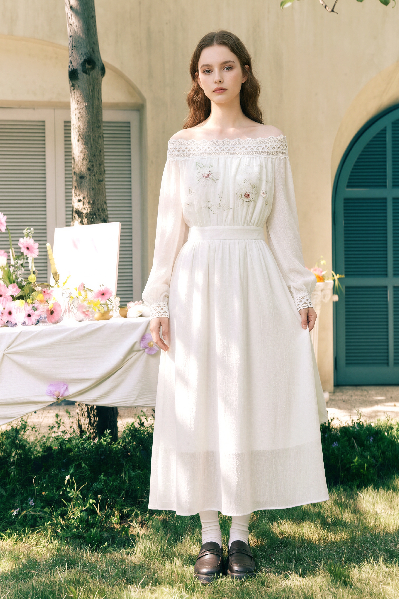 Off-Shoulder Embroidered Dress