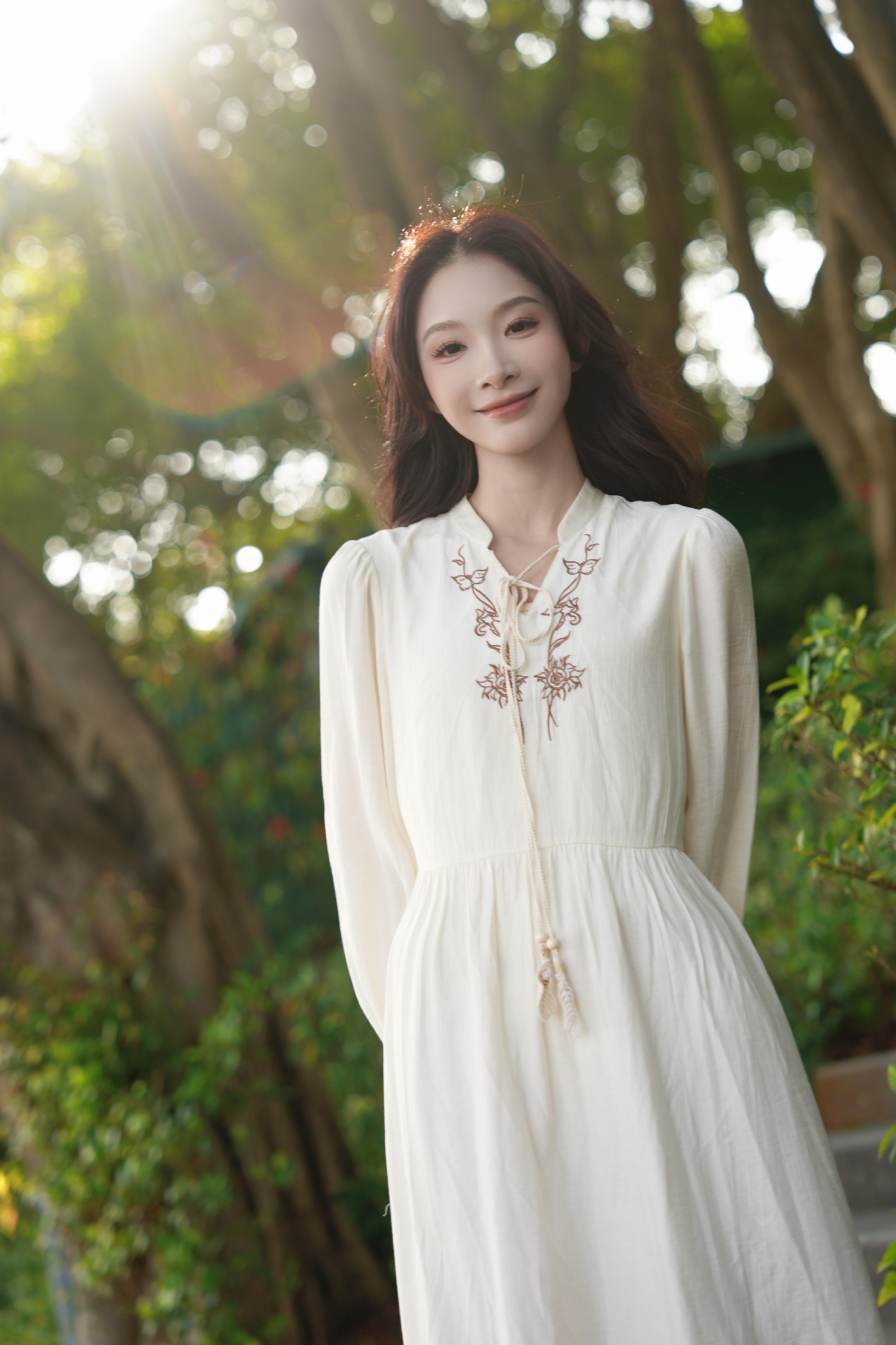 Embroidered Tie-Front Dress-LYONSENS