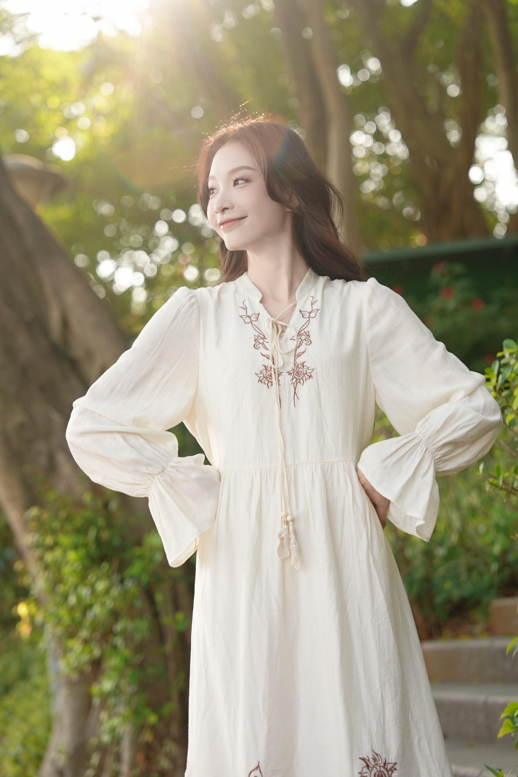 Embroidered Tie-Front Dress-LYONSENS
