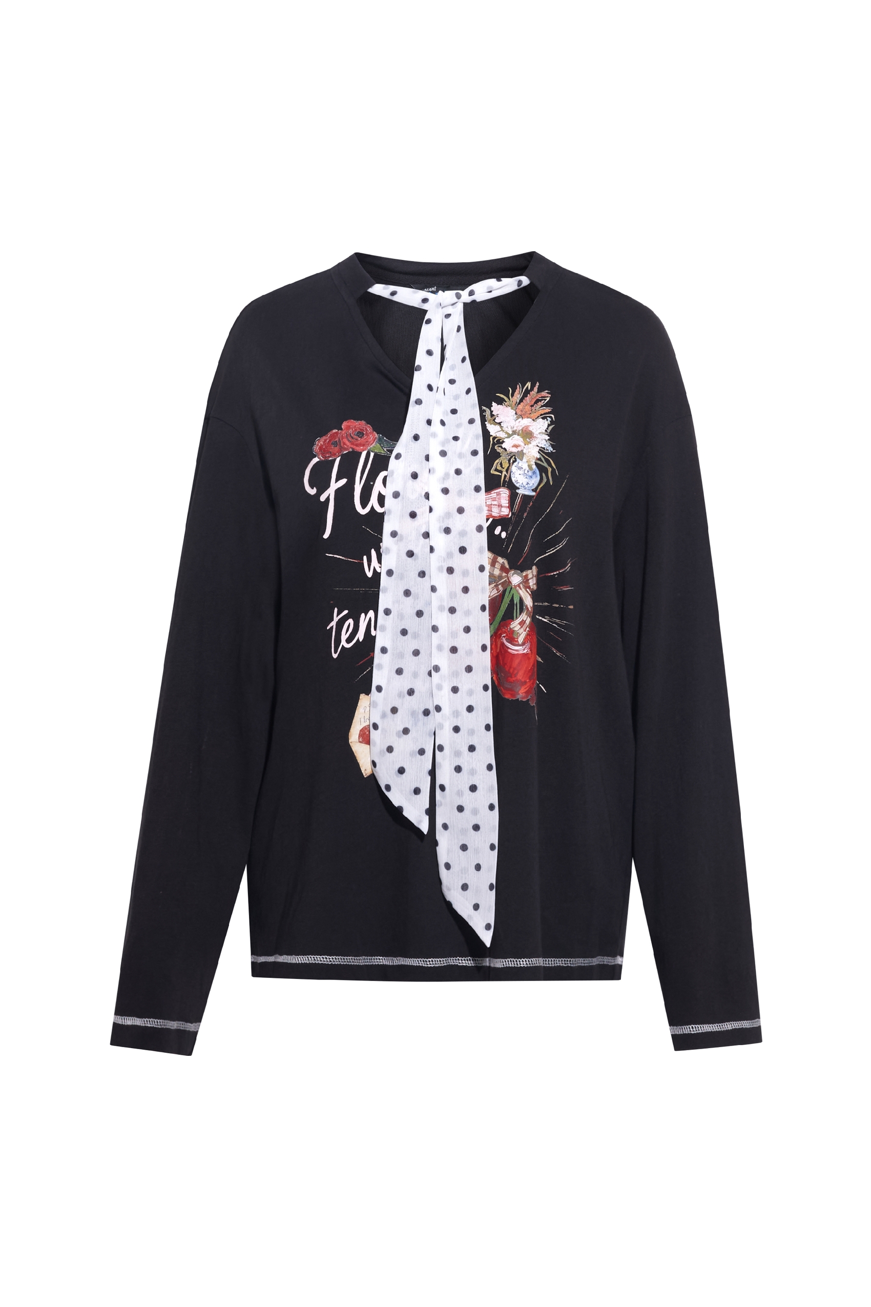 Floral Polka-Dot Tie-Detail Crewneck T-Shirt