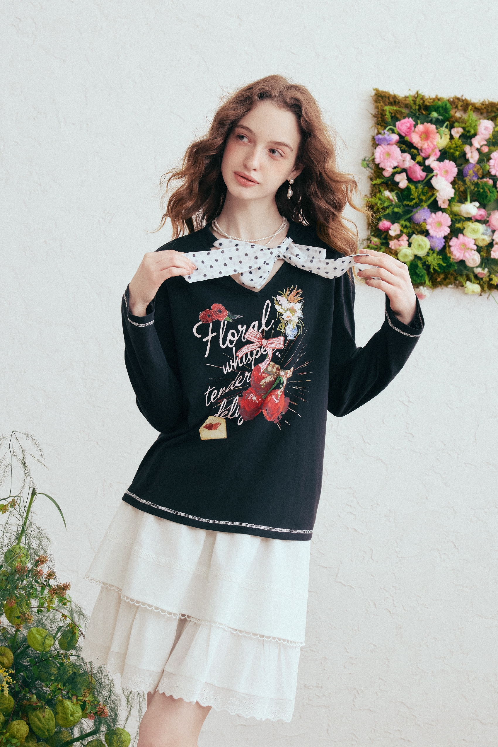 Floral Polka-Dot Tie-Detail Crewneck T-Shirt