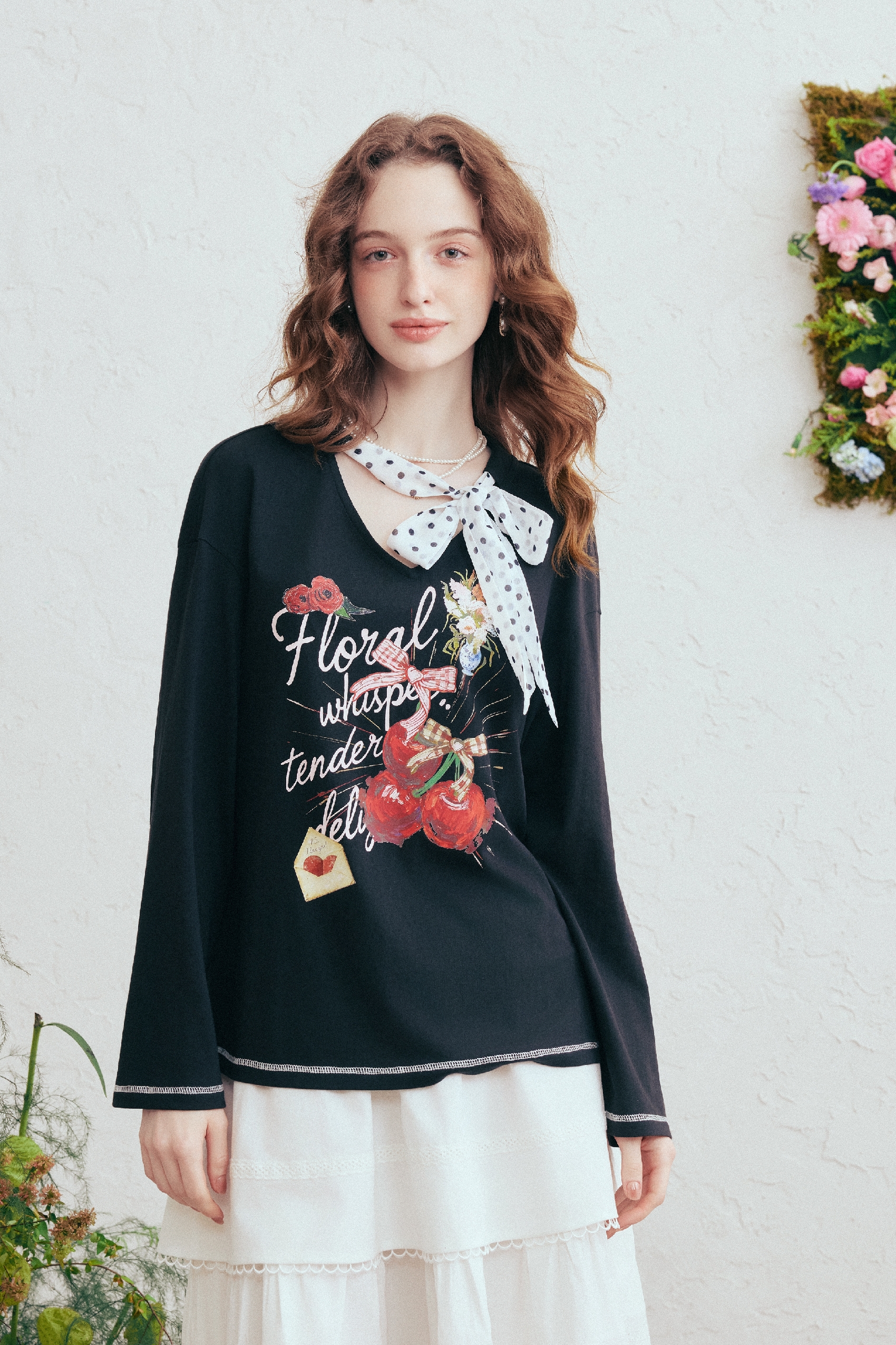 Floral Polka-Dot Tie-Detail Crewneck T-Shirt